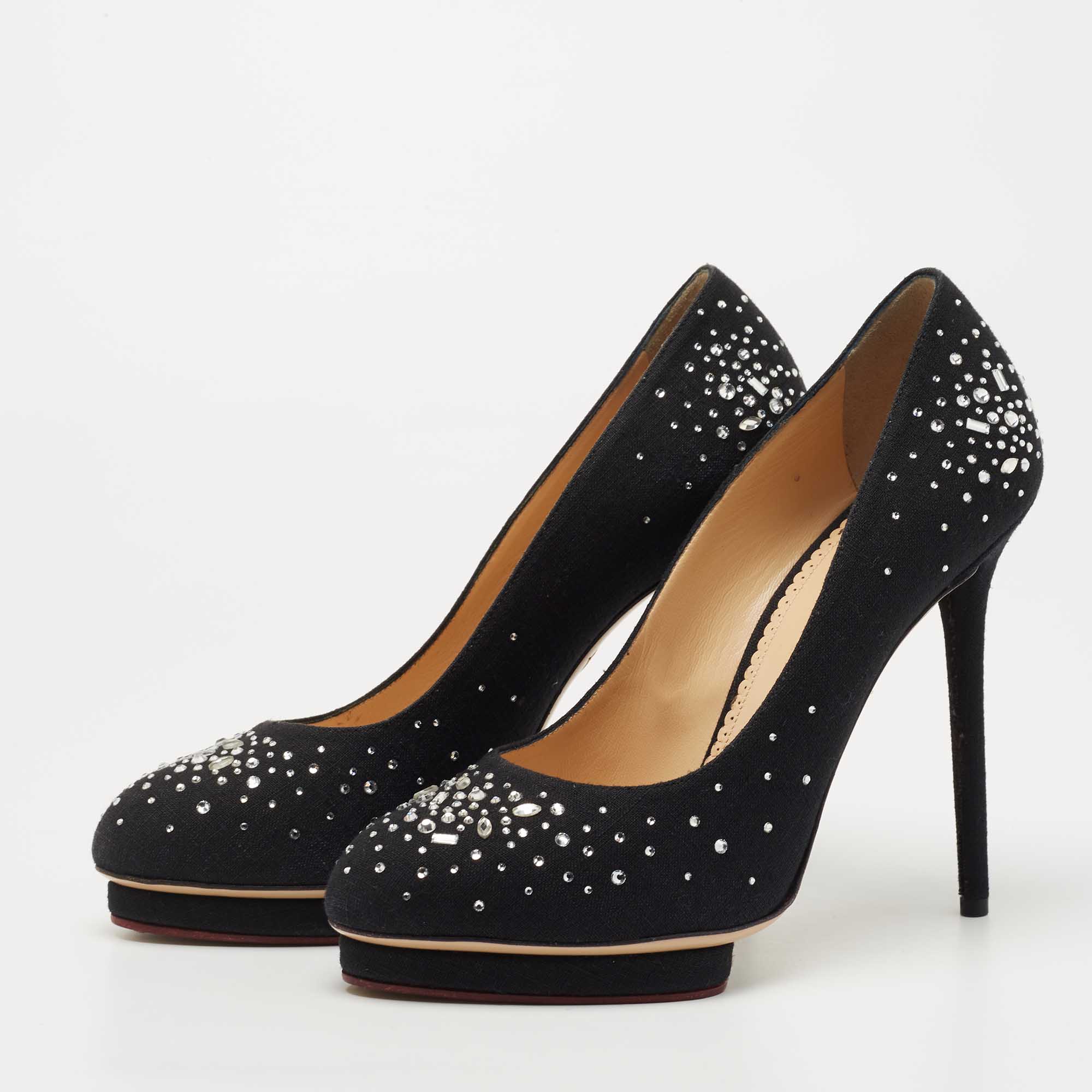 

Charlotte Olympia Black Canvas Crystal Embellished Dolly Platform Pumps Size