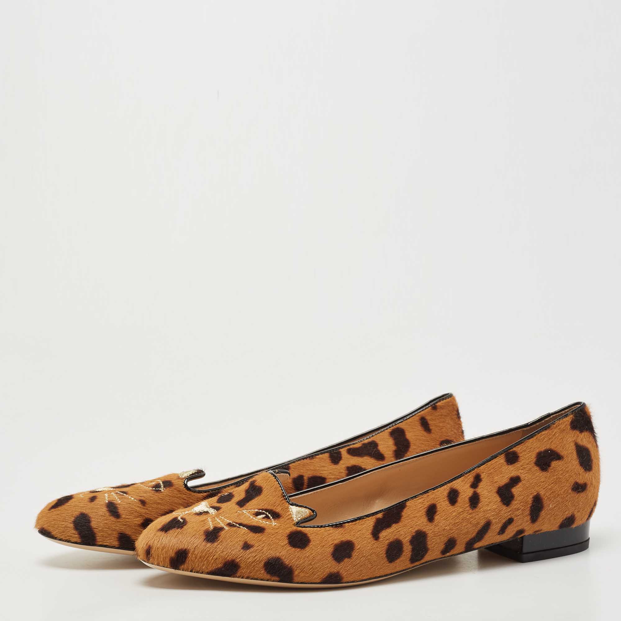 

Charlotte Olympia Brown Calf Hair Leopard Print Cat Ballet Flats Size