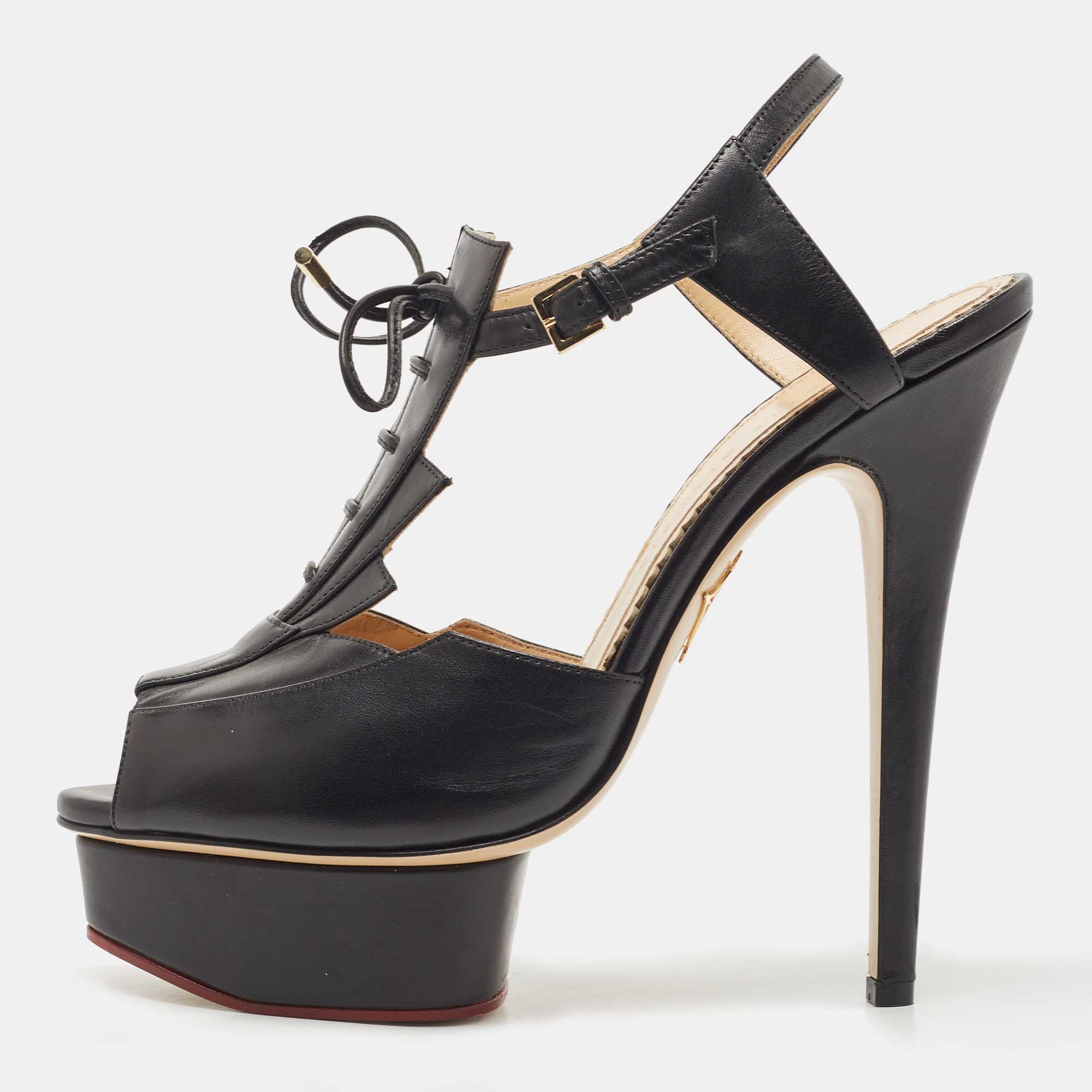 

Charlotte Olympia Black Leather Peep Toe Platform Ankle Strap Sandals Size