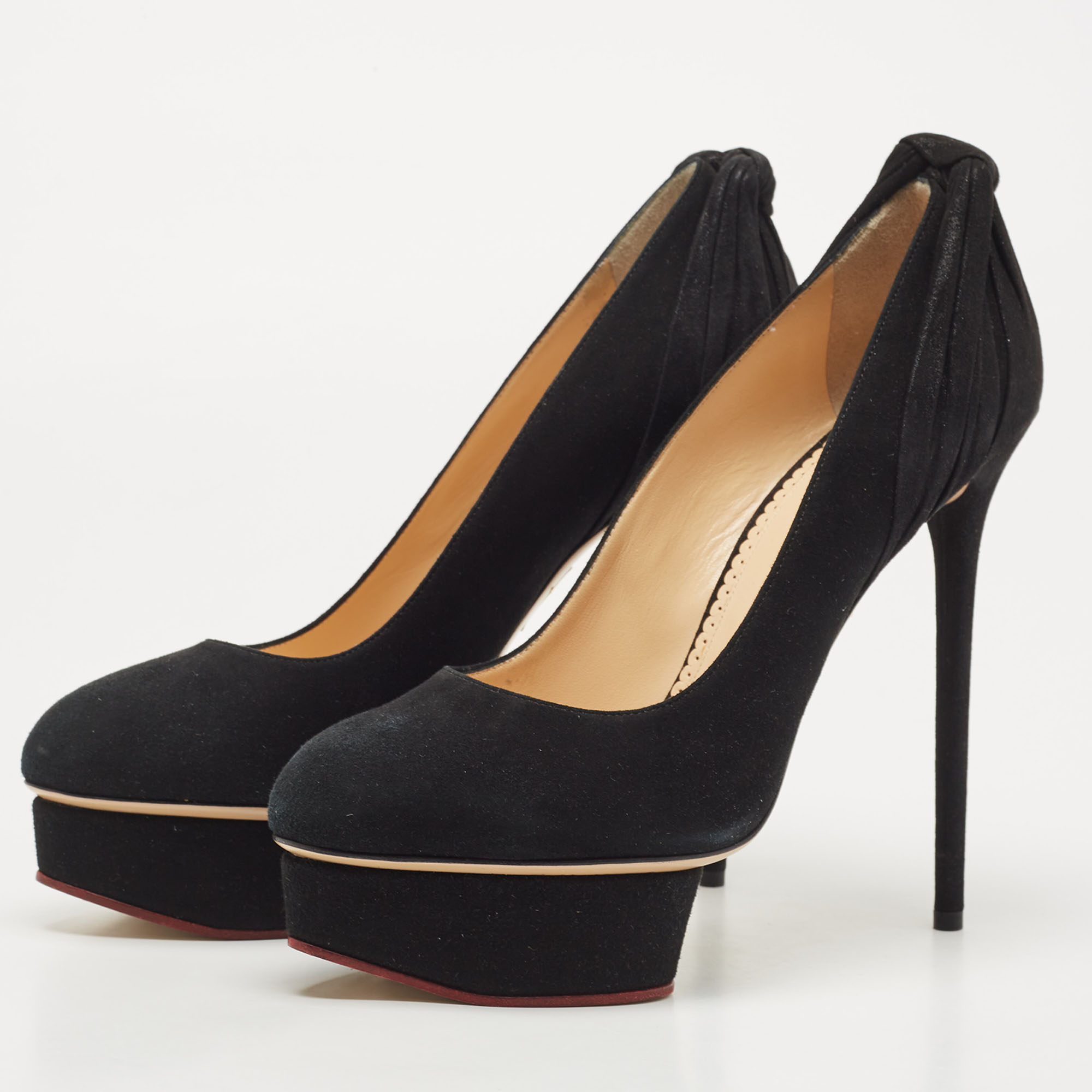 

Charlotte Olympia Black Suede Dolly Platform Pumps Size