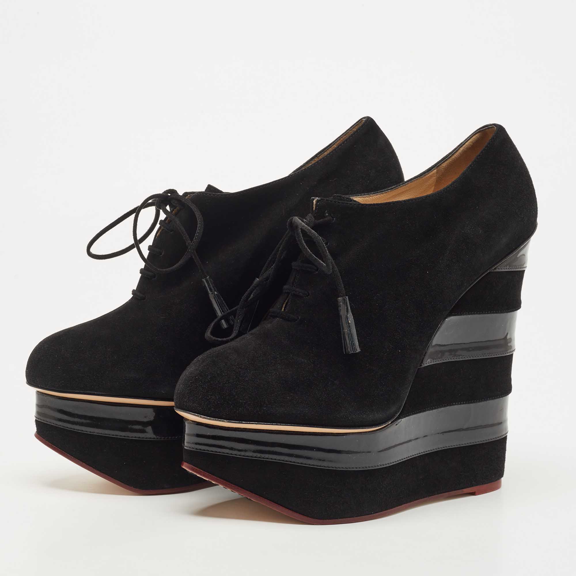 

Charlotte Olympia Black Suede Wedge Platform Lace Up Ankle Booties Size