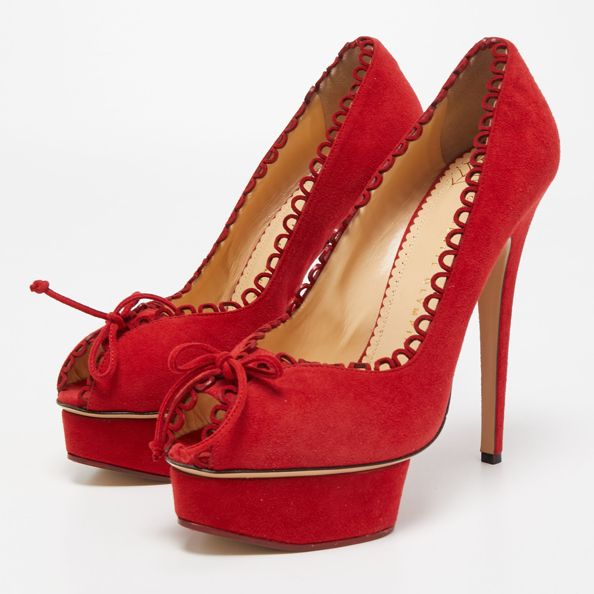 

Charlotte Olympia Red Suede Daphne Platform Pumps Size