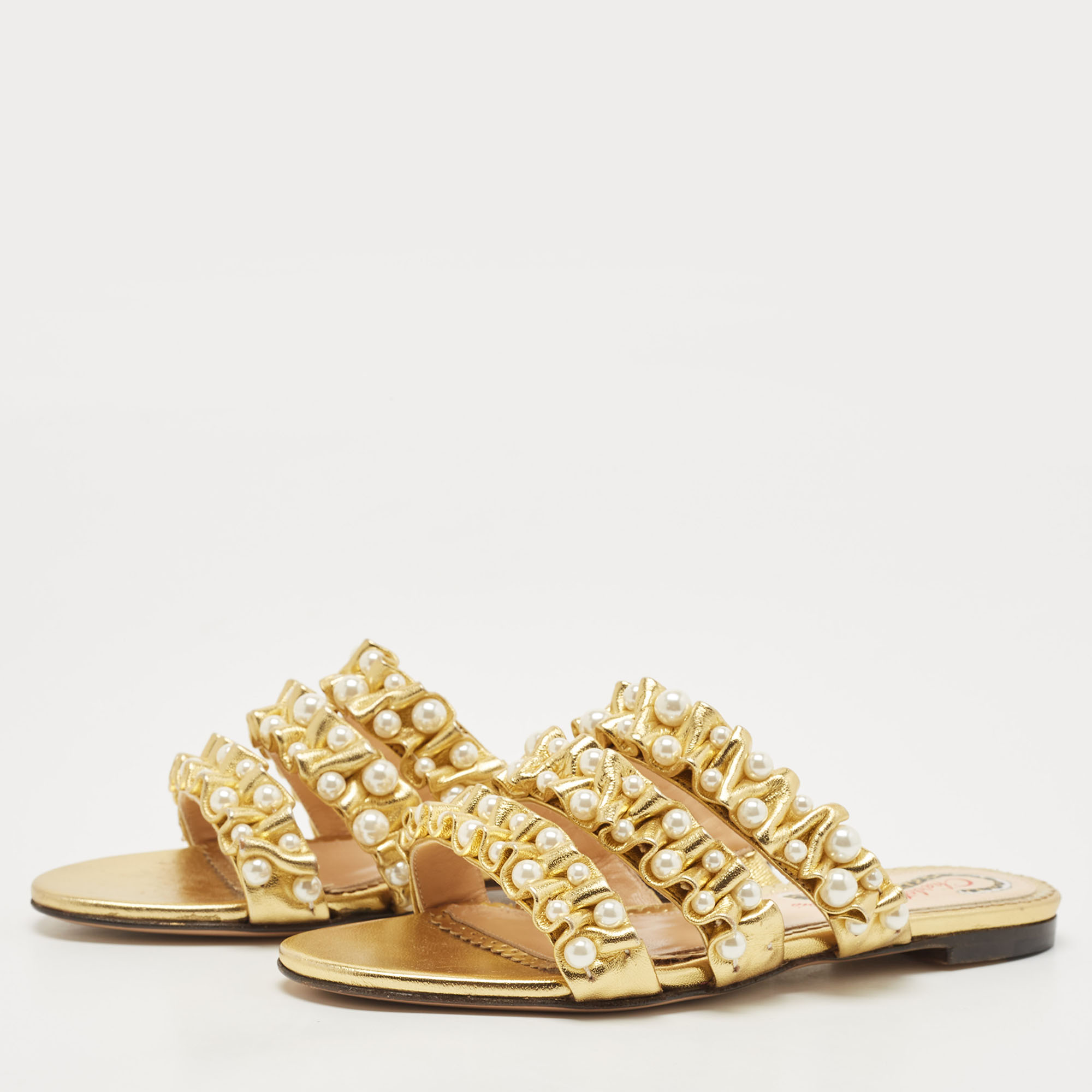 

Charlotte Olympia Gold Pleated Leather Pearl Embellished Slide Flats Size