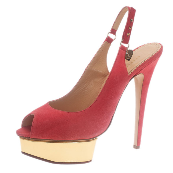 Charlotte Olympia Pink Suede Bon Bon Platform Slingback Sandals Size 40