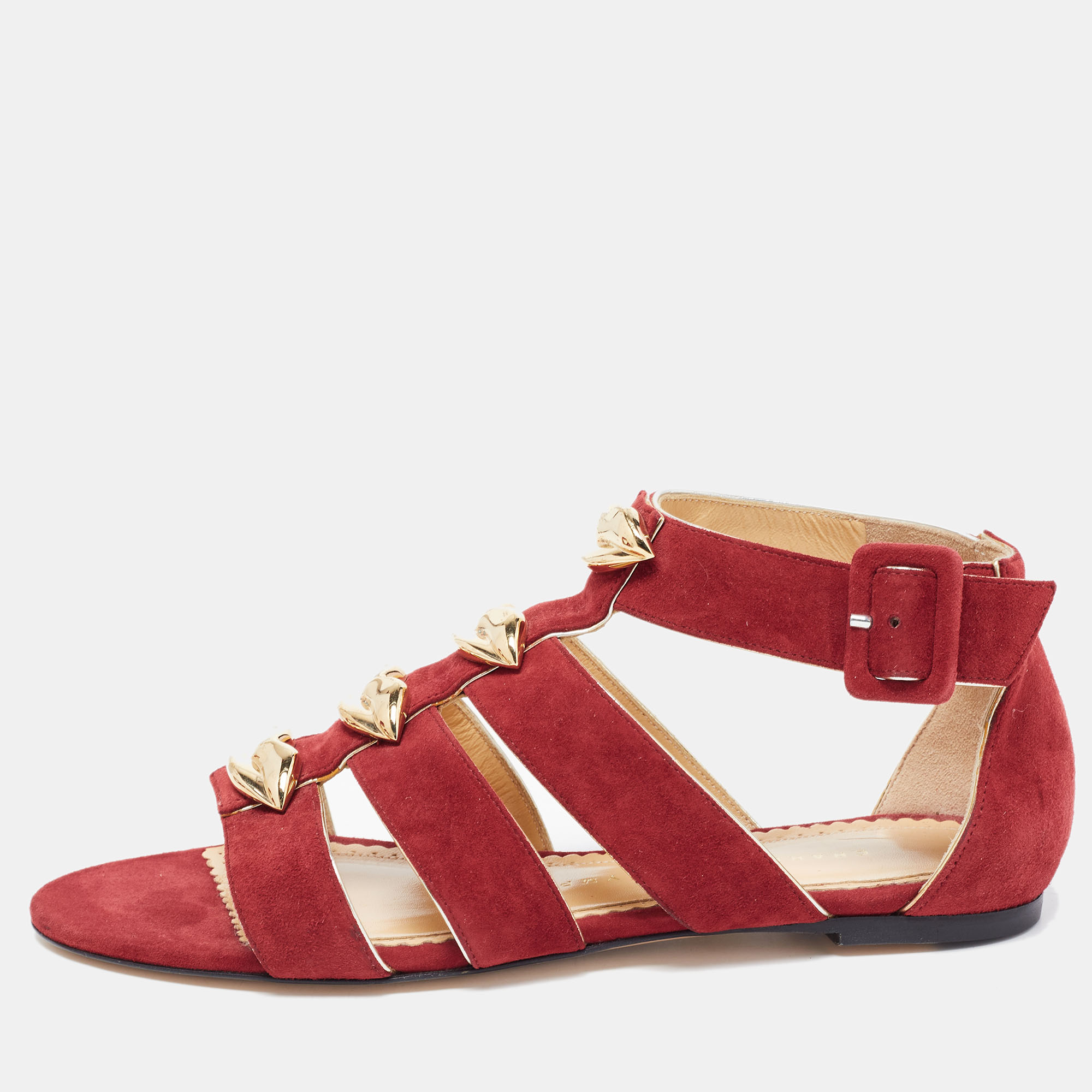 Pre-owned Charlotte Olympia Garnet Red Suede One More Kiss Flat Gladiator Flat Sandals Size 36