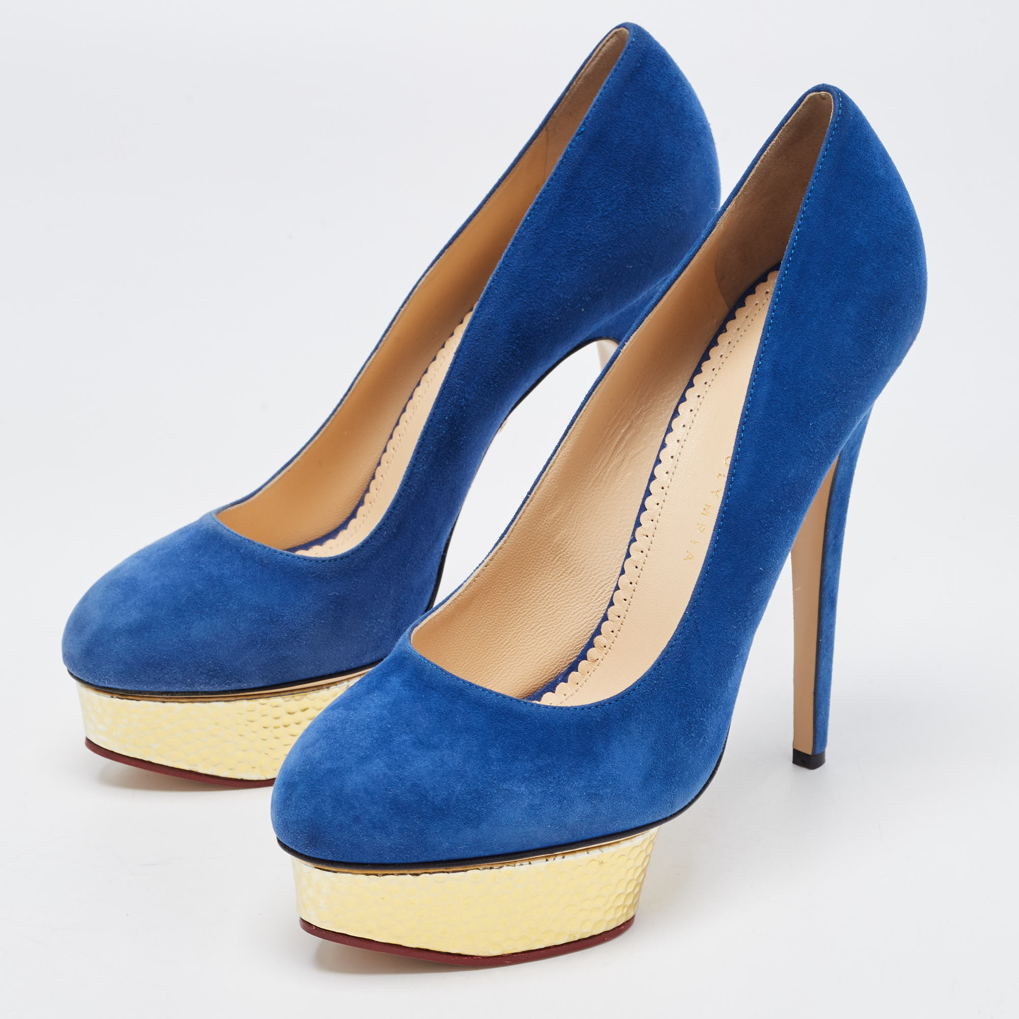 

Charlotte Olympia Navy Blue Suede Dolly Platform Pumps Size