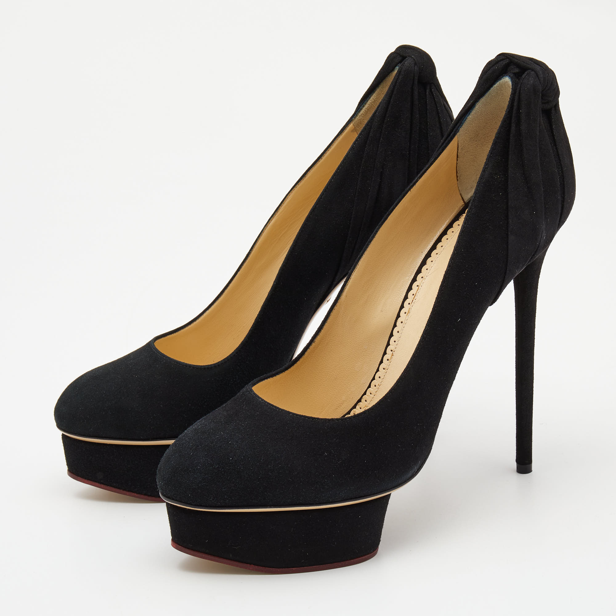 

Charlotte Olympia Black Suede And Fabric Knot Detail Josephine Platform Pumps Size