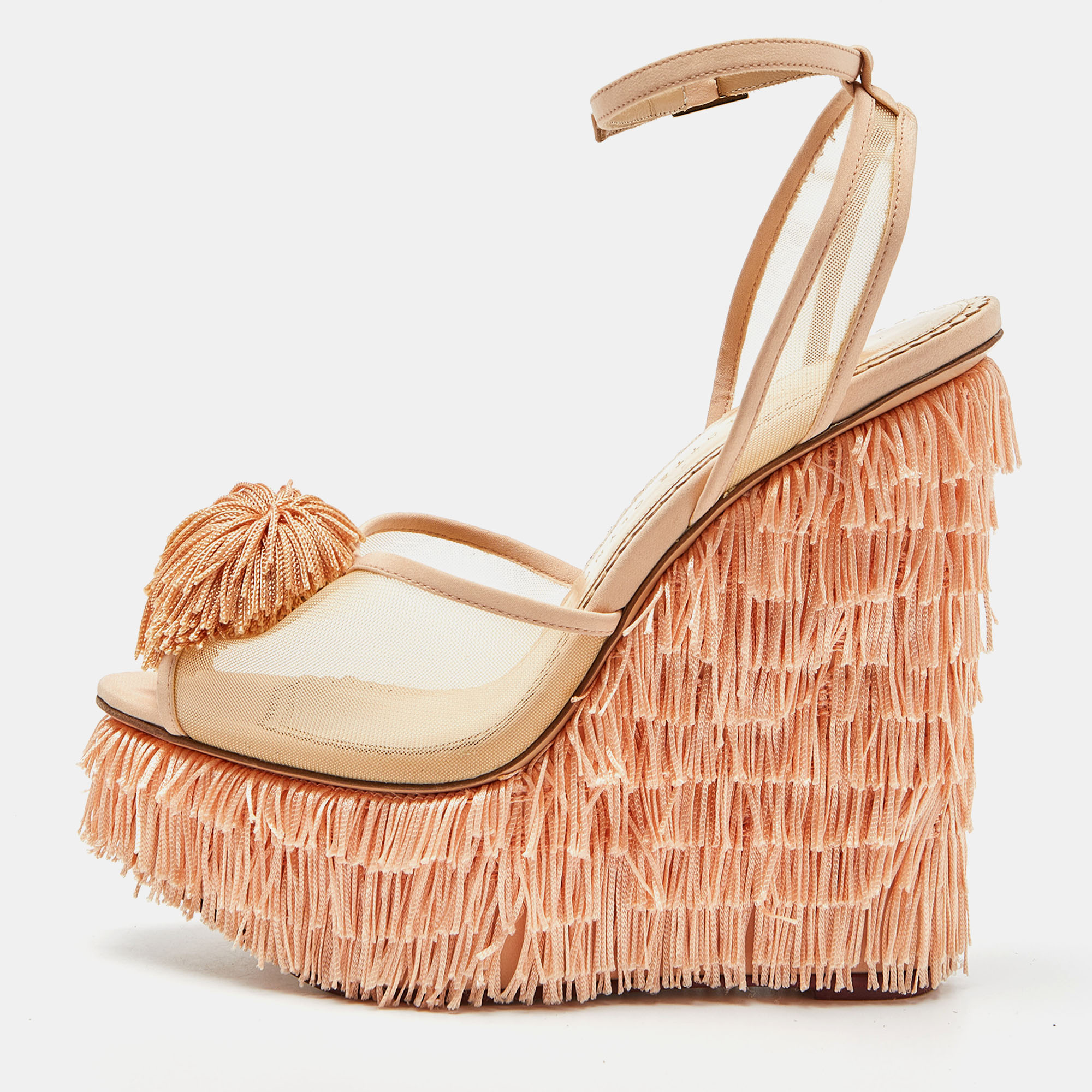 

Charlotte Olympia Peach Pink Mesh and Satin Gigi Wedge Sandals Size