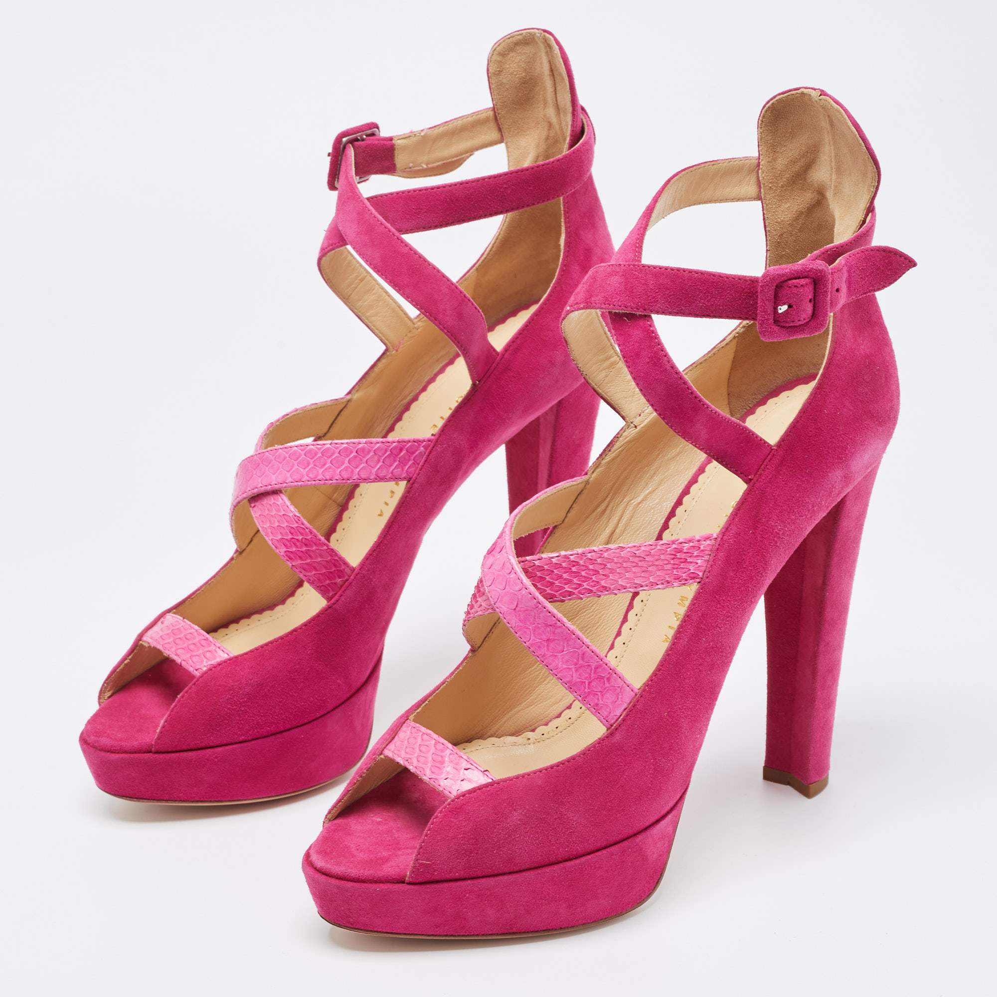 

Charlotte Olympia Pink Suede and Python Platform Ankle Strap Pumps Size