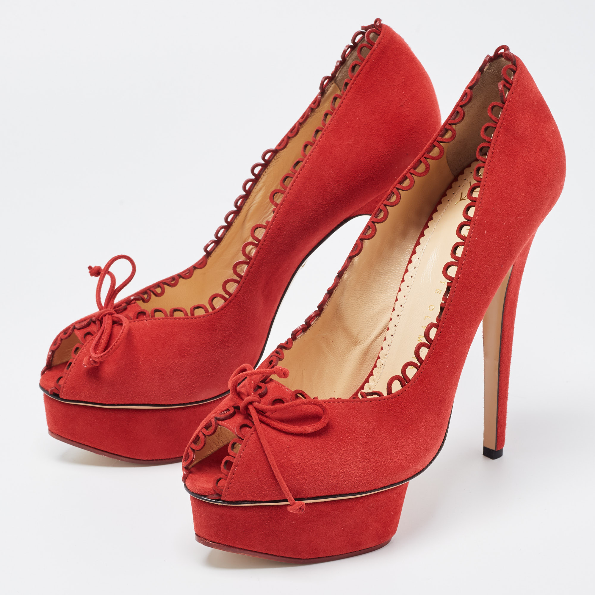 

Charlotte Olympia Red Suede Daphne Pumps Size