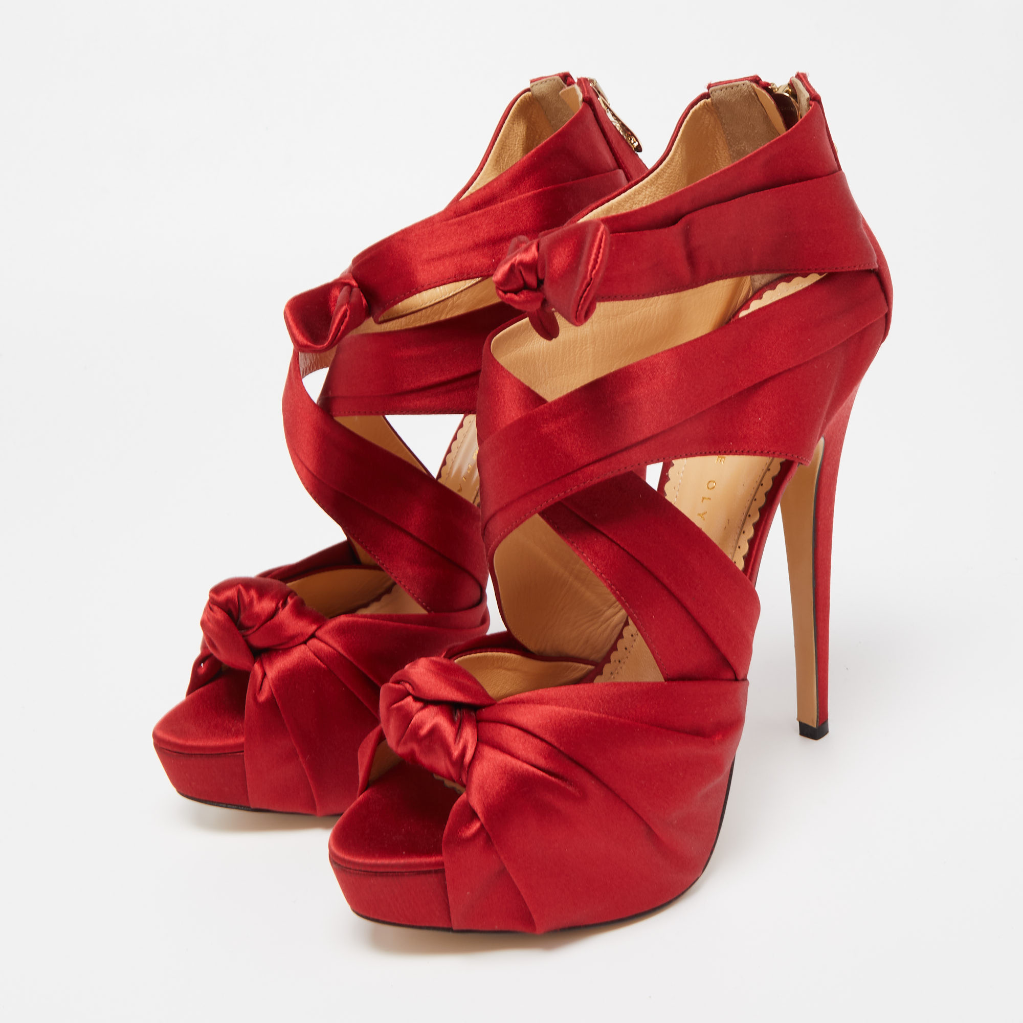 

Charlotte Olympia Red Satin Andrea Knotted Sandals Size