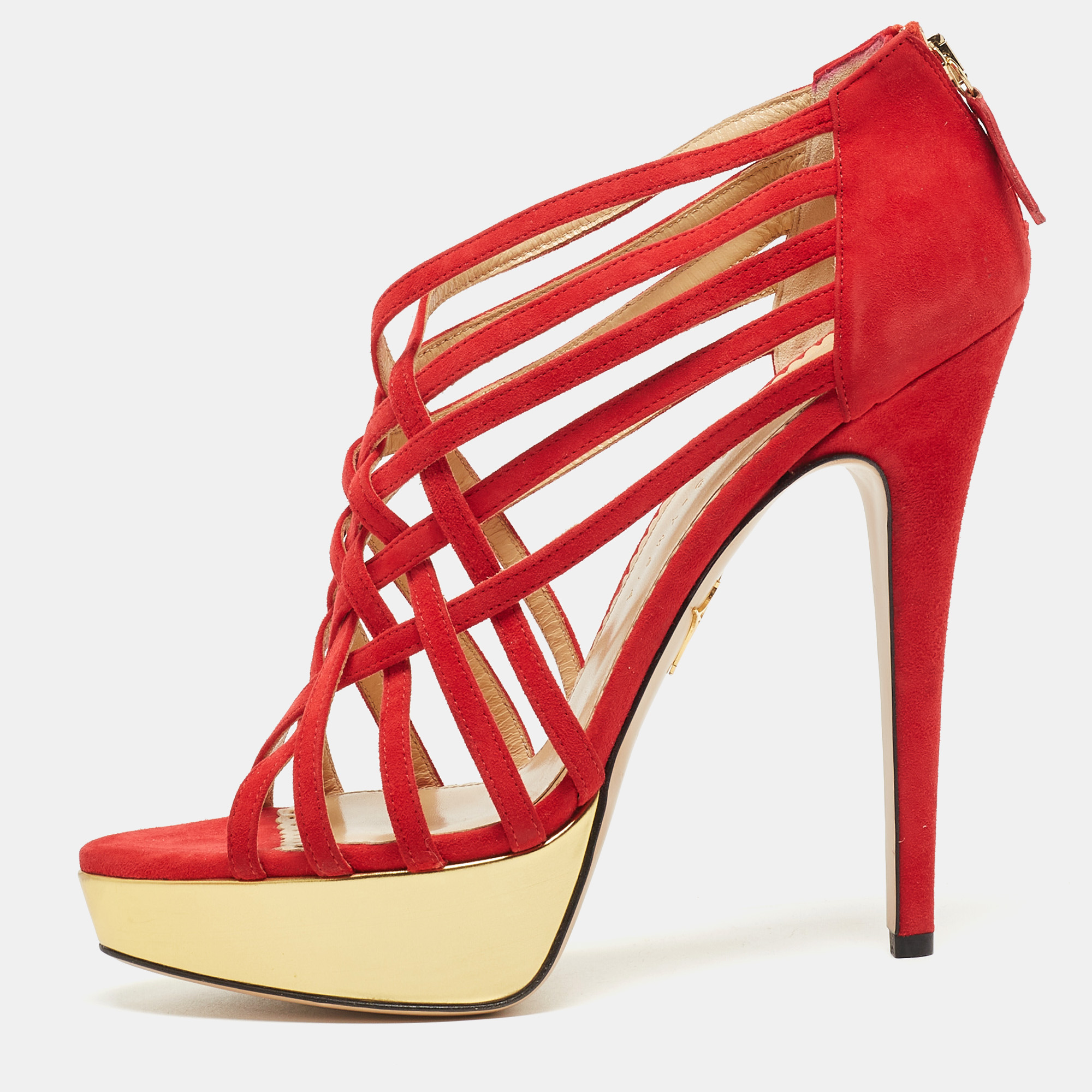 Pre-owned Charlotte Olympia Red Suede Strappy Platform Sandals Size 40
