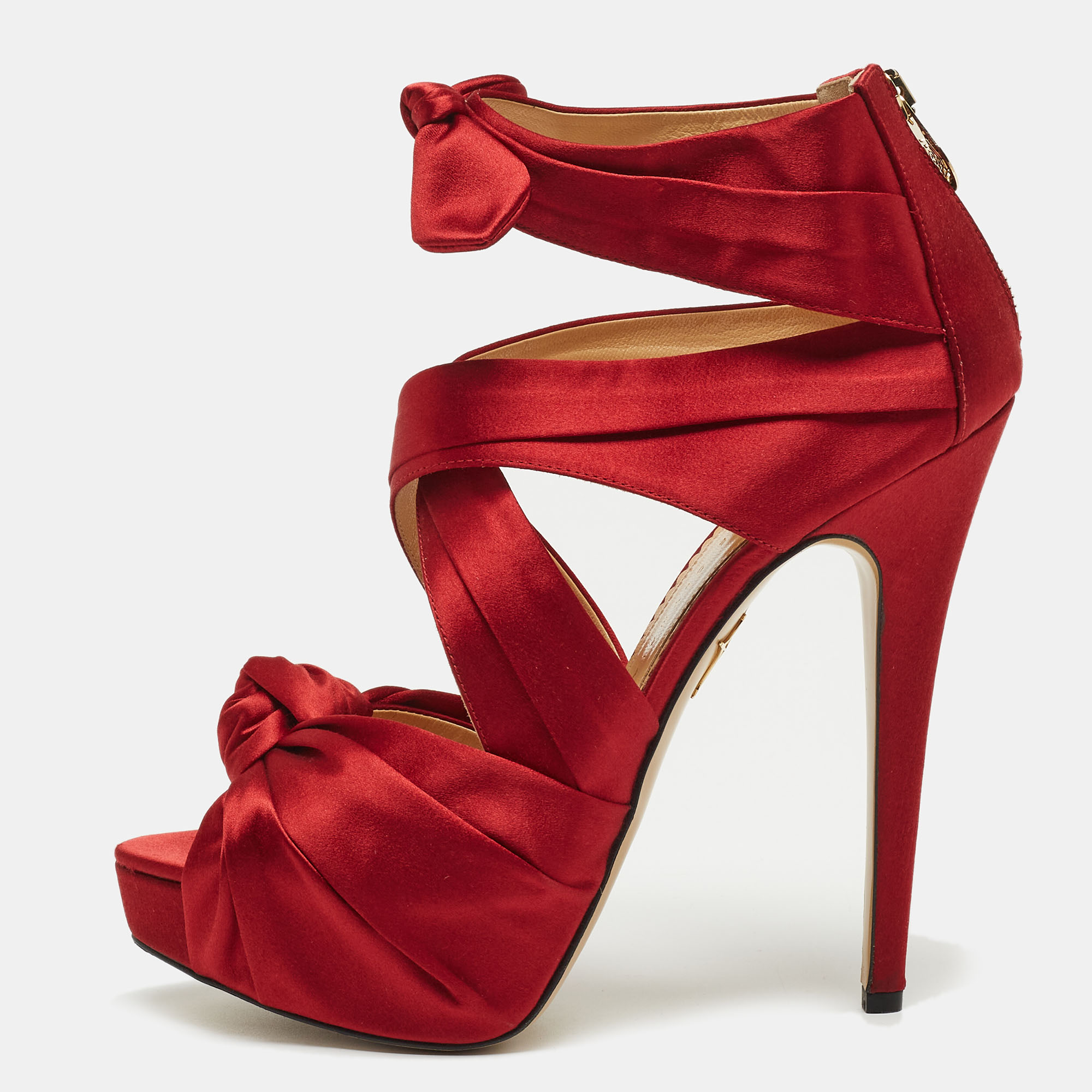 Charlotte Olympia Red Satin Andrea Knotted Platform Sandals Size 41