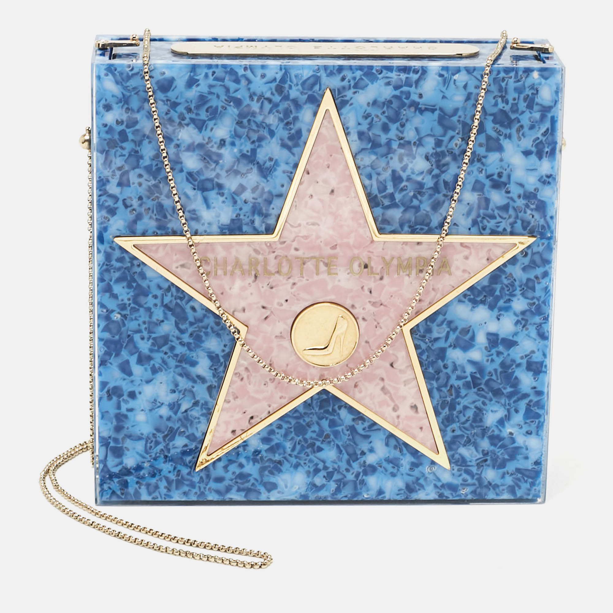 

Charlotte Olympia Blue/Pink Acrylic Walk of Fame Matchbox Chain Clutch