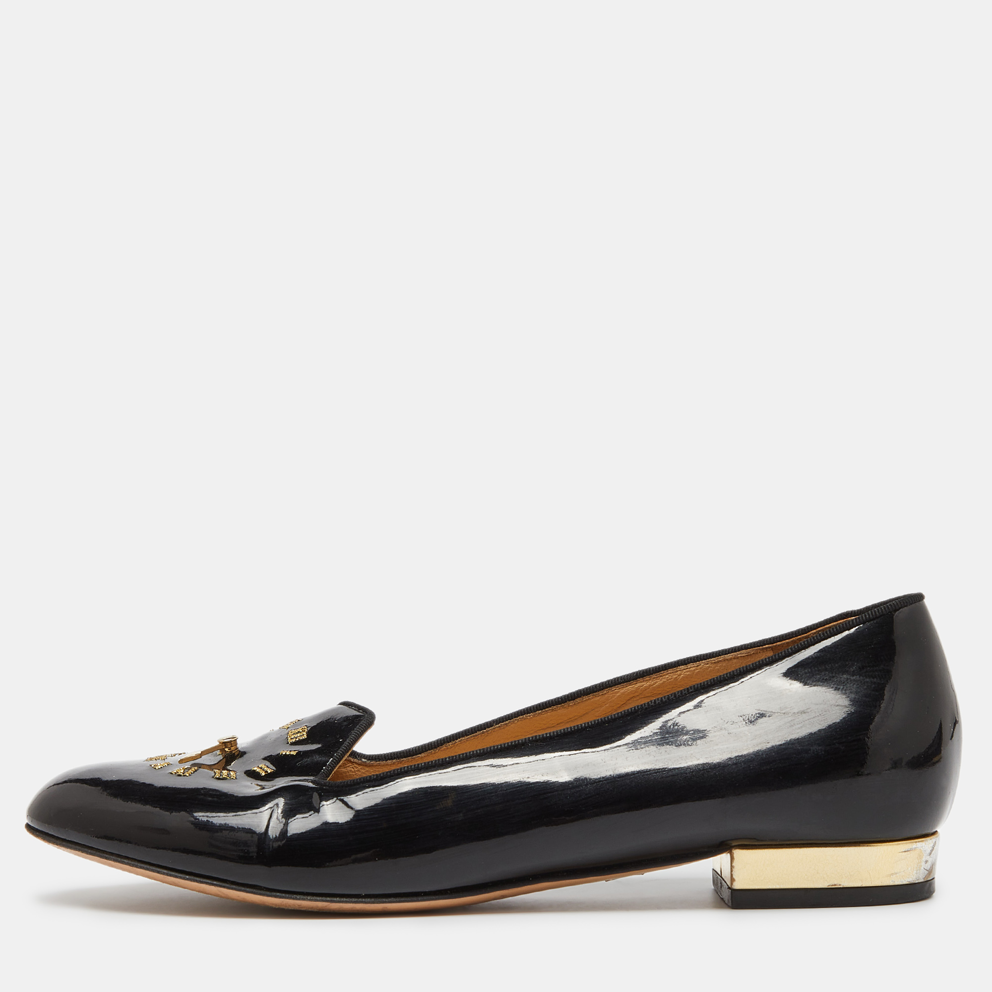 

Charlotte Olympia Black Patent Leather Fashionably Late Clock Face Smoking Slippers Size