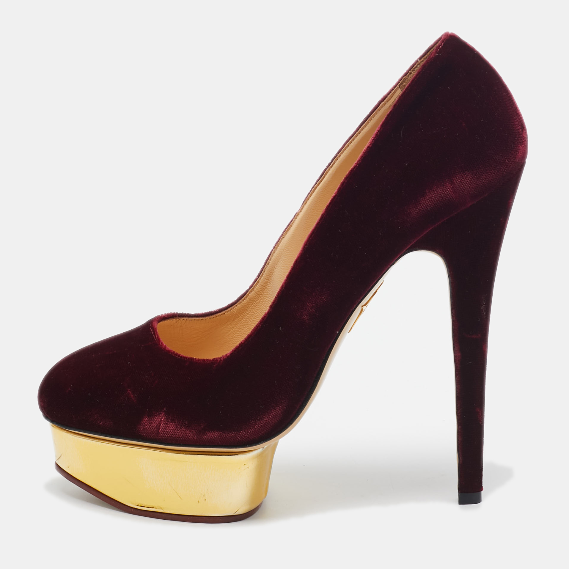 

Charlotte Olympia Burgundy Velvet and Leather Dolly Pumps Size