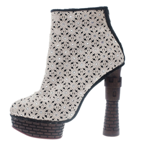 

Charlotte Olympia Cream Damsel In Distress Crocheted Ankle Boots Size, Brown