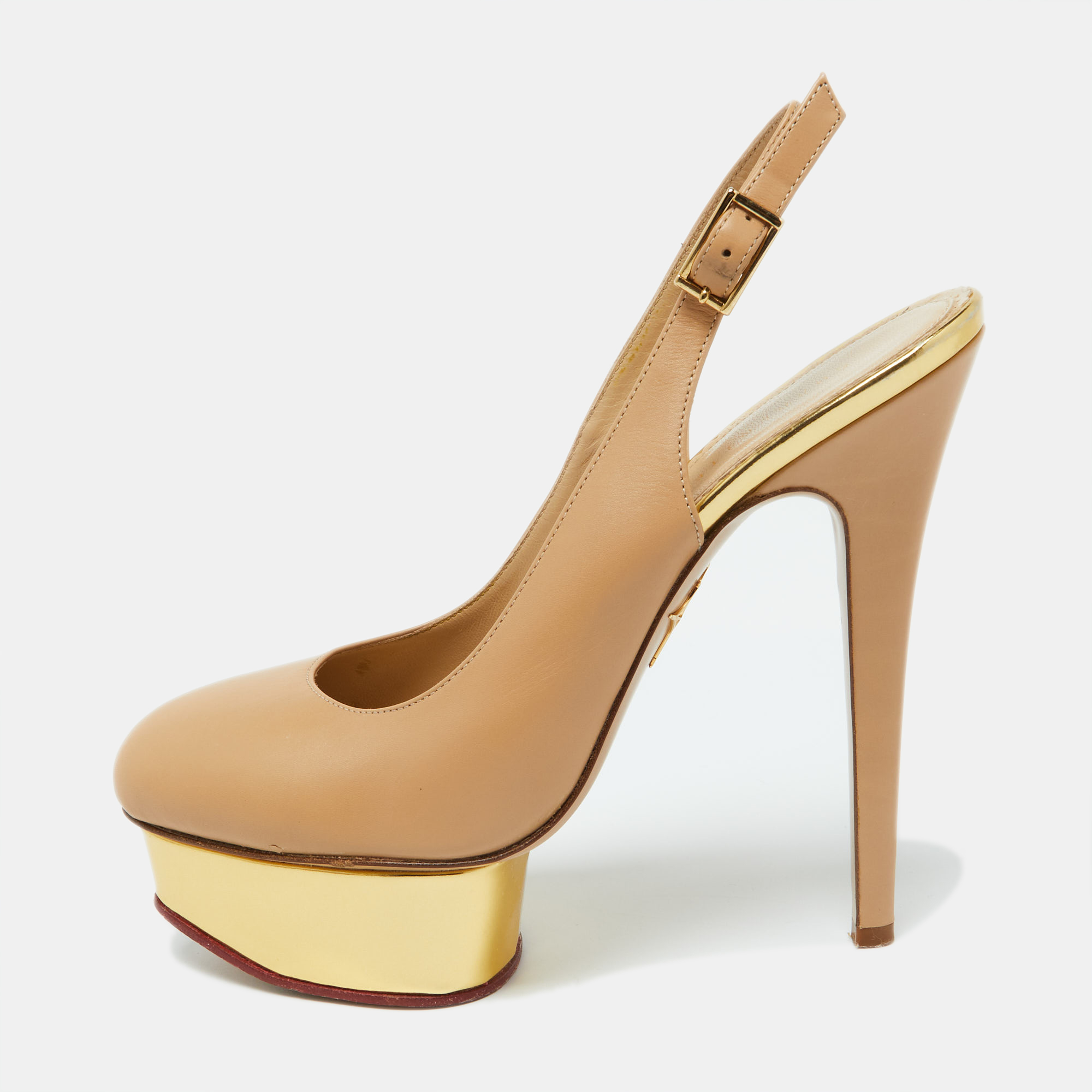 

Charlotte Olympia Beige Leather Dolly Platform Slingback Pumps Size