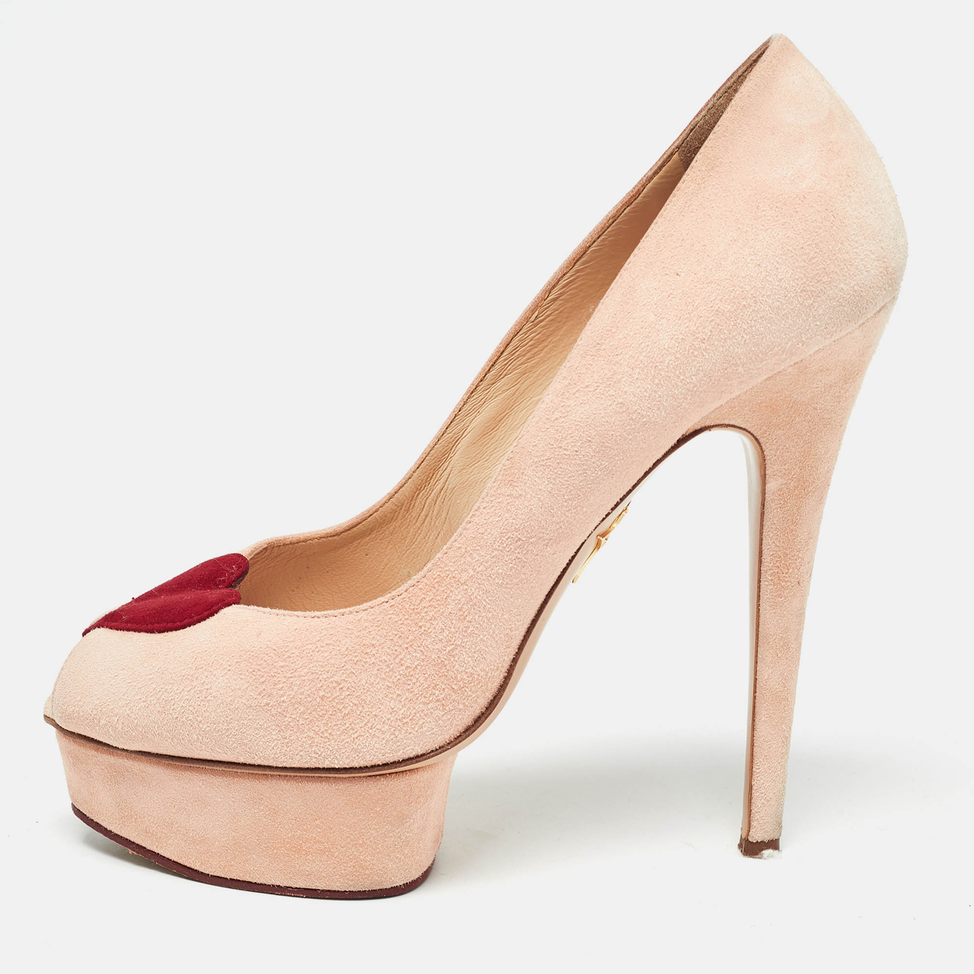 

Charlotte Olympia Pink Suede Delphine Heart Detail Platform Pumps Size