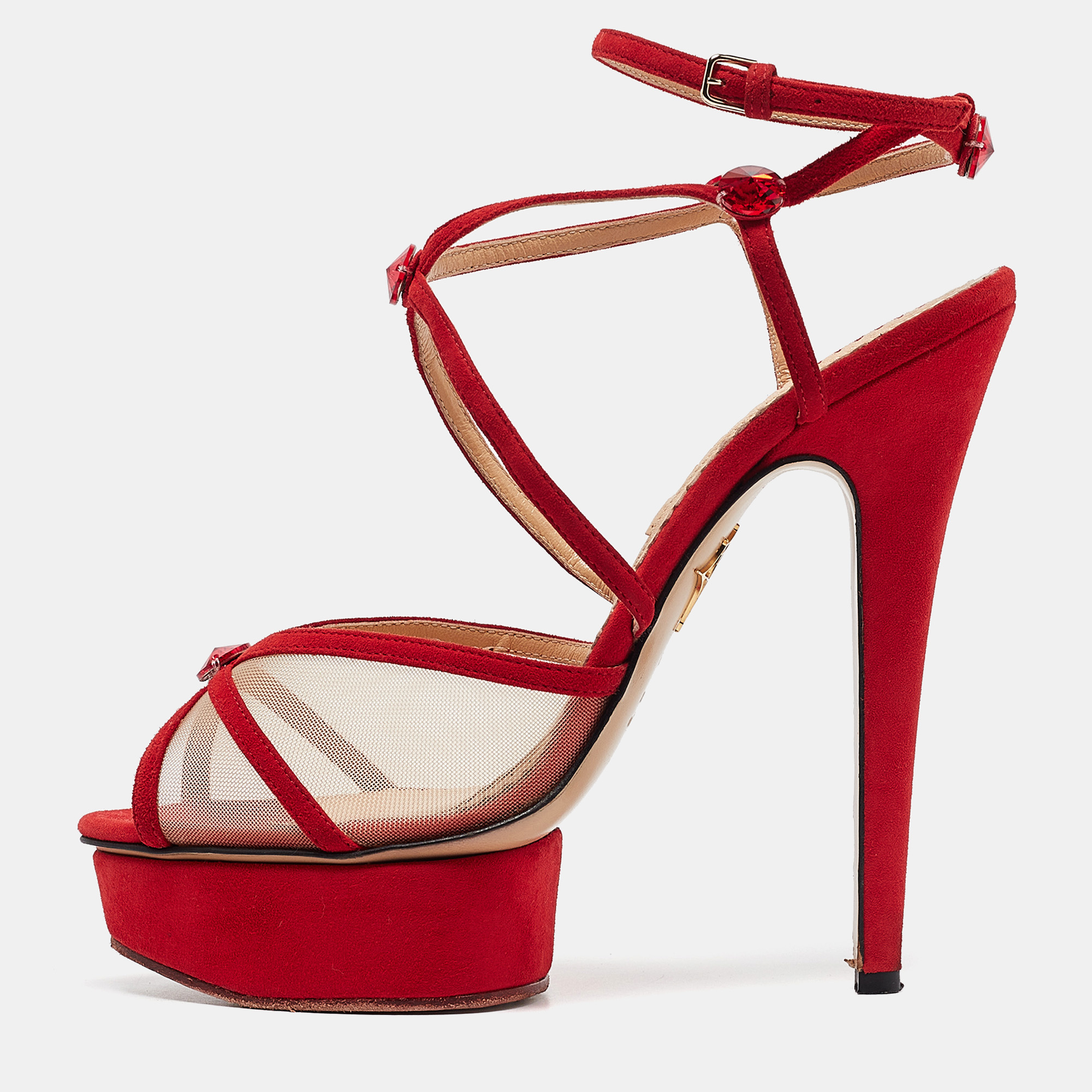 

Charlotte Olympia Red Suede and Mesh Crystal Isadora Sandals Size