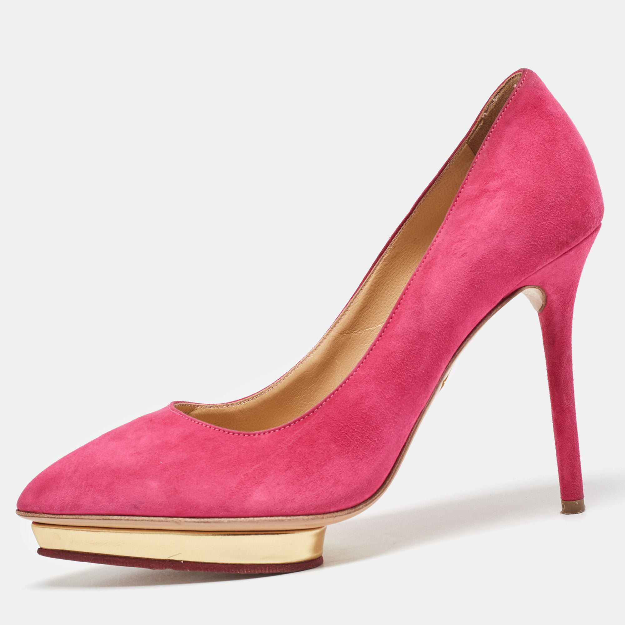 

Charlotte Olympia Pink Suede Platform Pumps Size