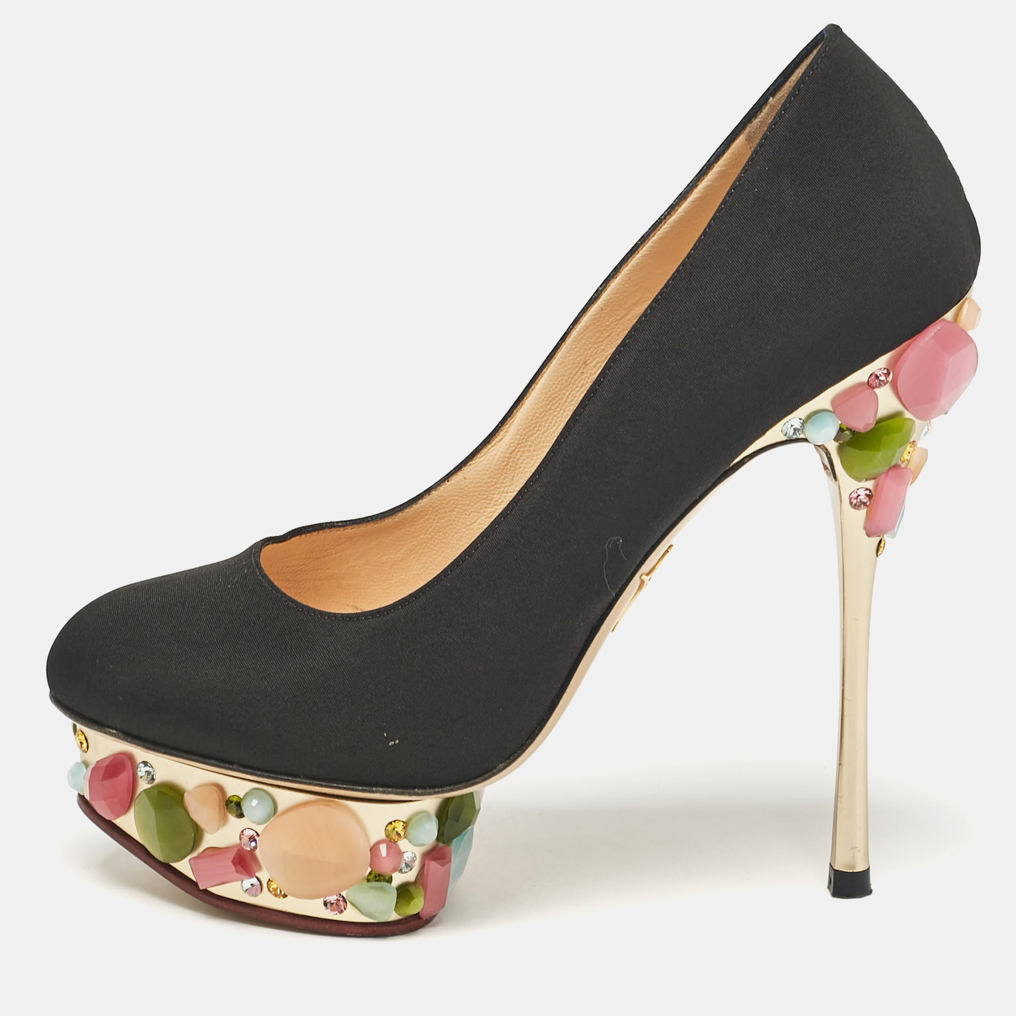 

Charlotte Olympia Black Satin Dolly Platform Pumps Size