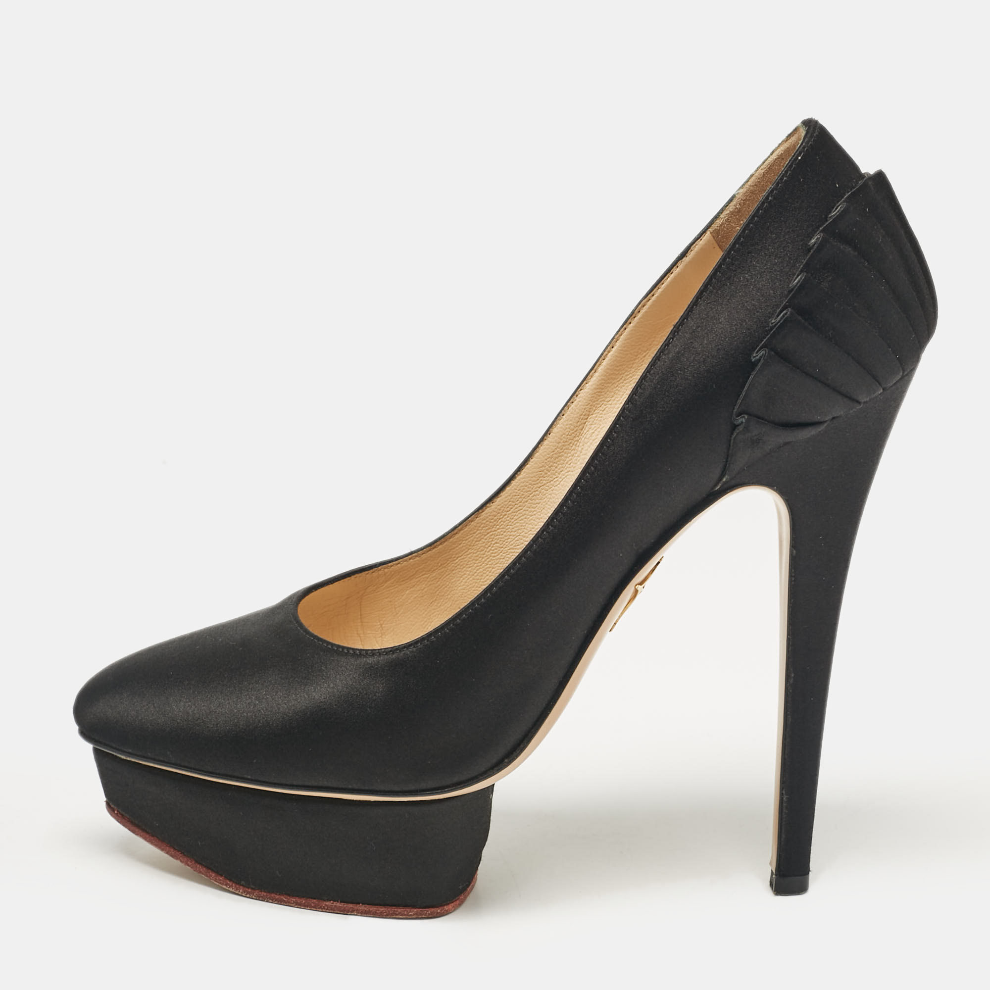 

Charlotte Olympia Black Satin Paloma Platform Pumps Size