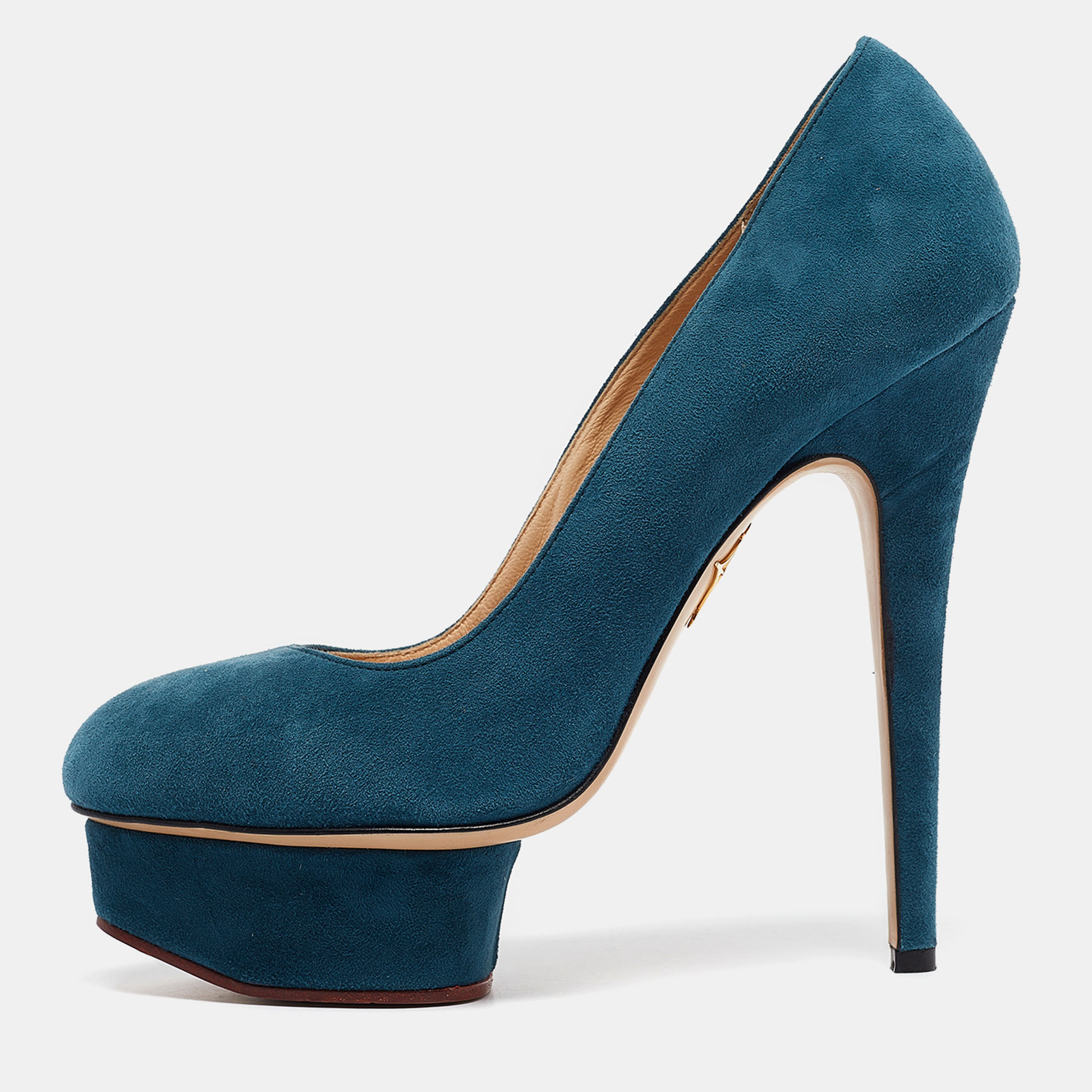 

Charlotte Olympia Blue Suede Dolly Platform Pumps Size