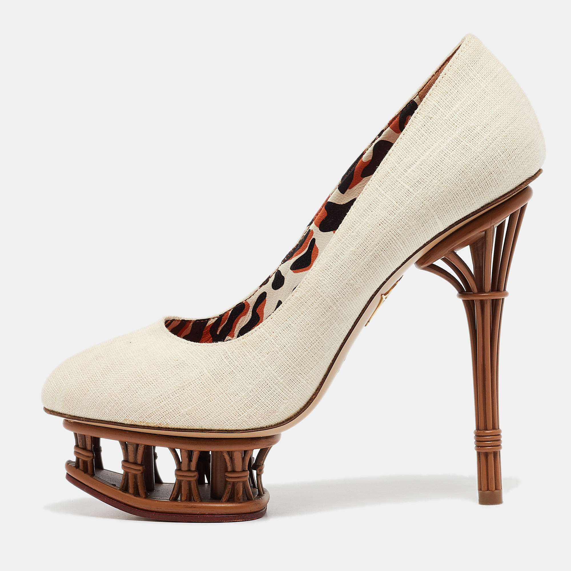 

Charlotte Olympia Cream Canvas Rattan Dolly Platform Pumps Size