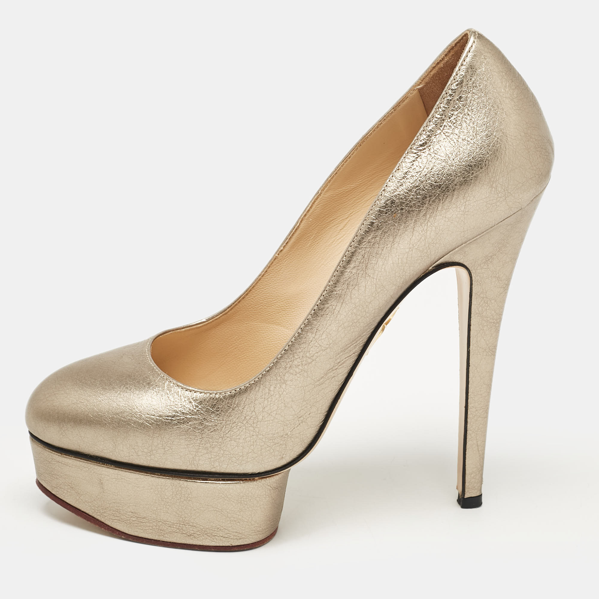 

Charlotte Olympia Metallic Leather Dolly Platform Pumps Size