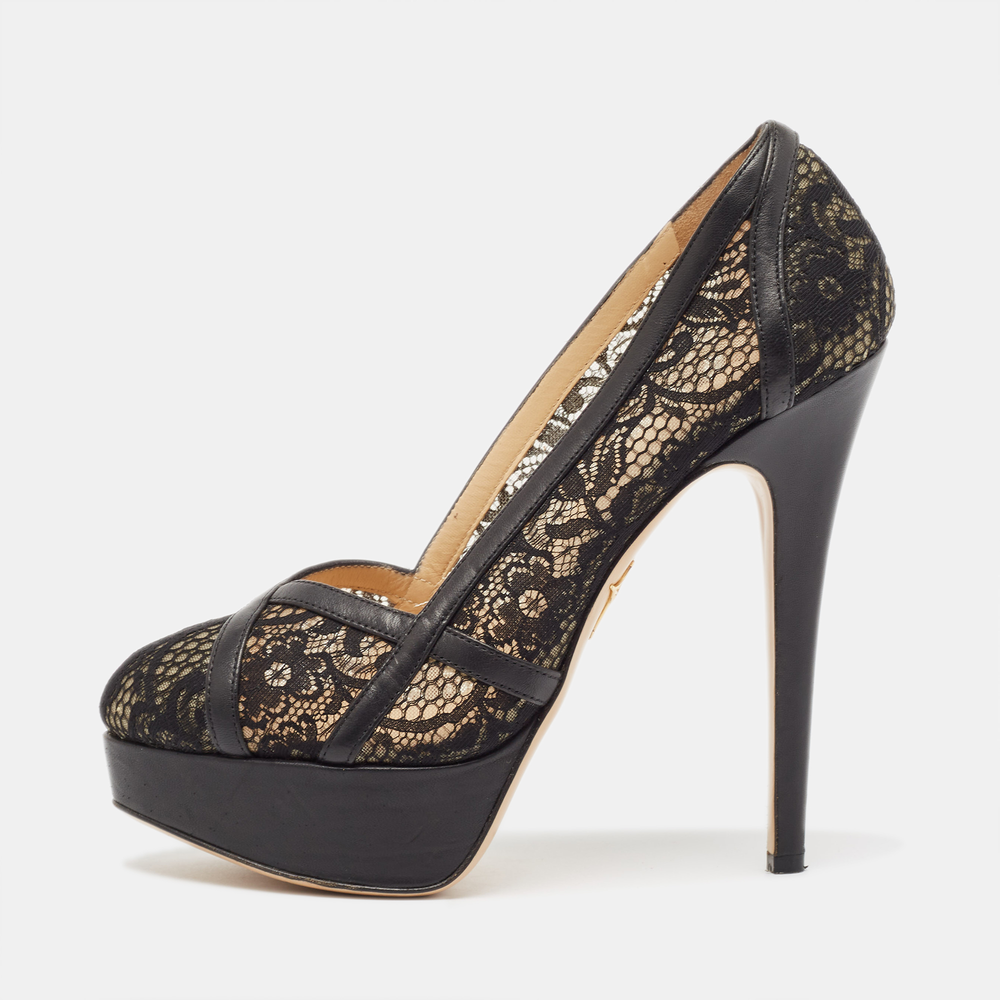 

Charlotte Olympia Black Lace and Leather Platform Pumps Size