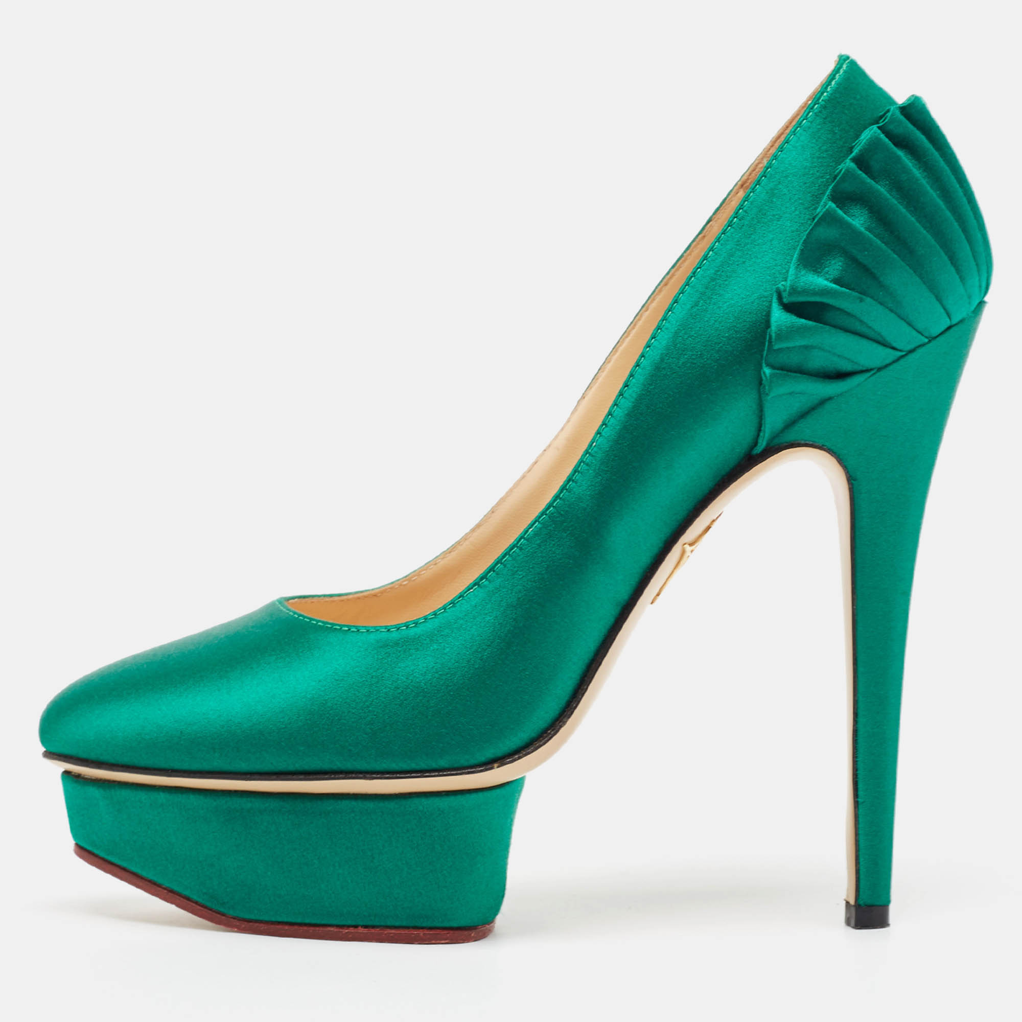 

Charlotte Olympia Green Satin Paloma Platform Pumps Size