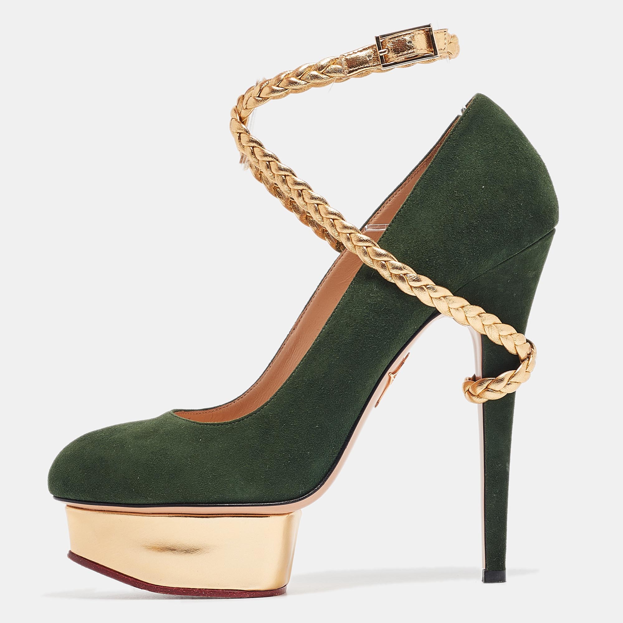 

Charlotte Olympia Green/Gold Suede and Braided Leather Dolly Ankle Strap Pumps