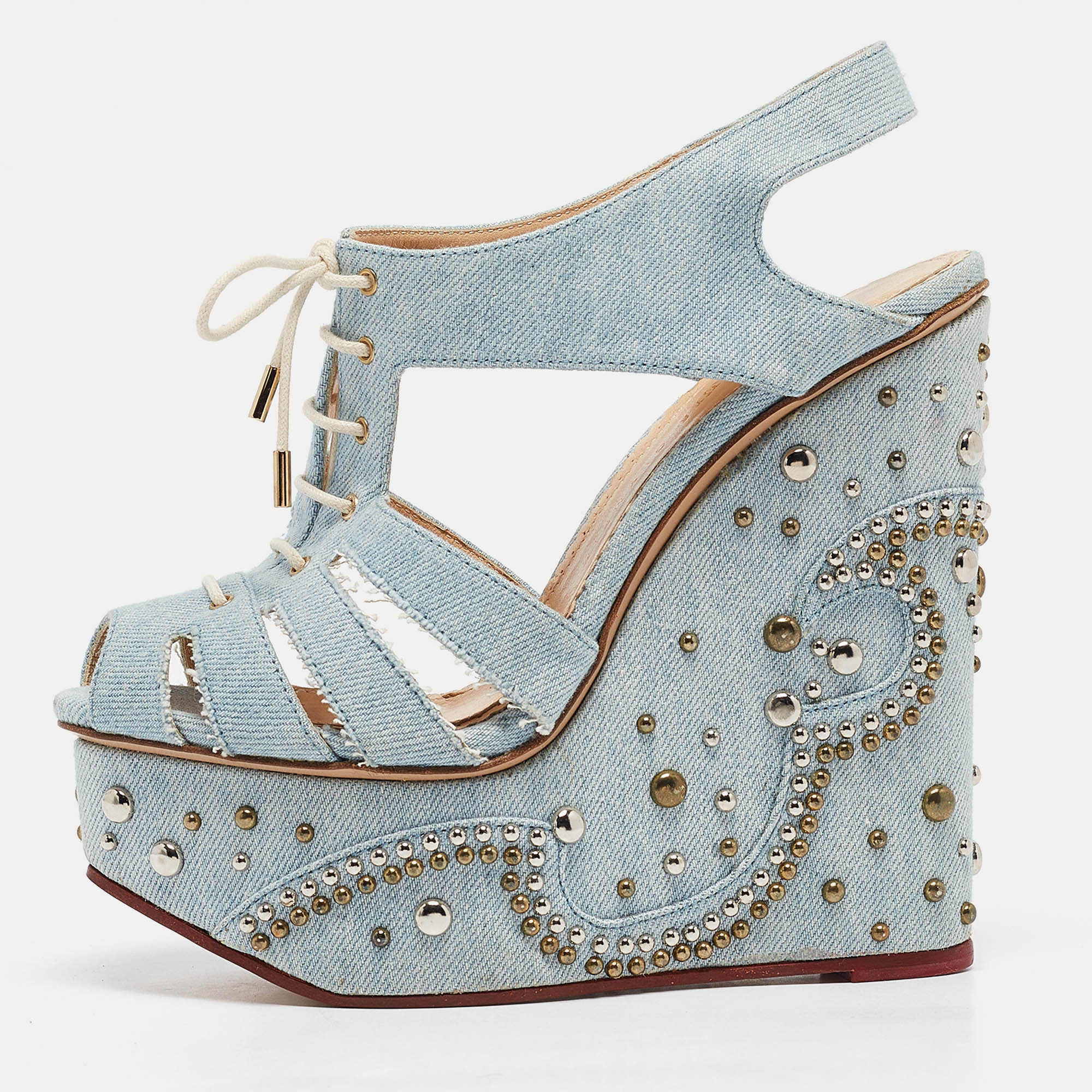 Pre-owned Charlotte Olympia Blue Denim Studded Cut Out Wedge Platform Sandals Size 37