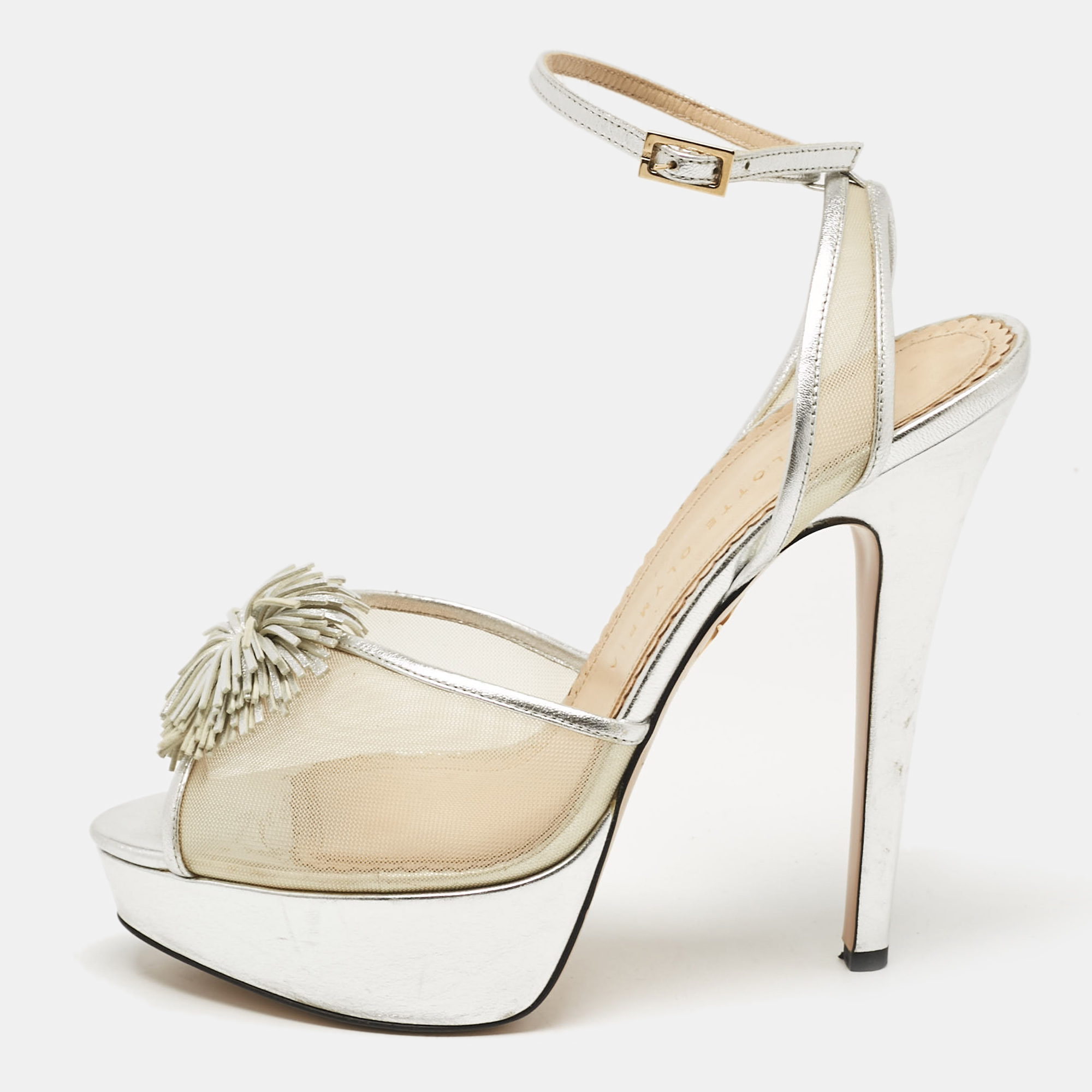 

Charlotte Olympia Silver Leather and Mesh Pomeline Platform Sandals Size