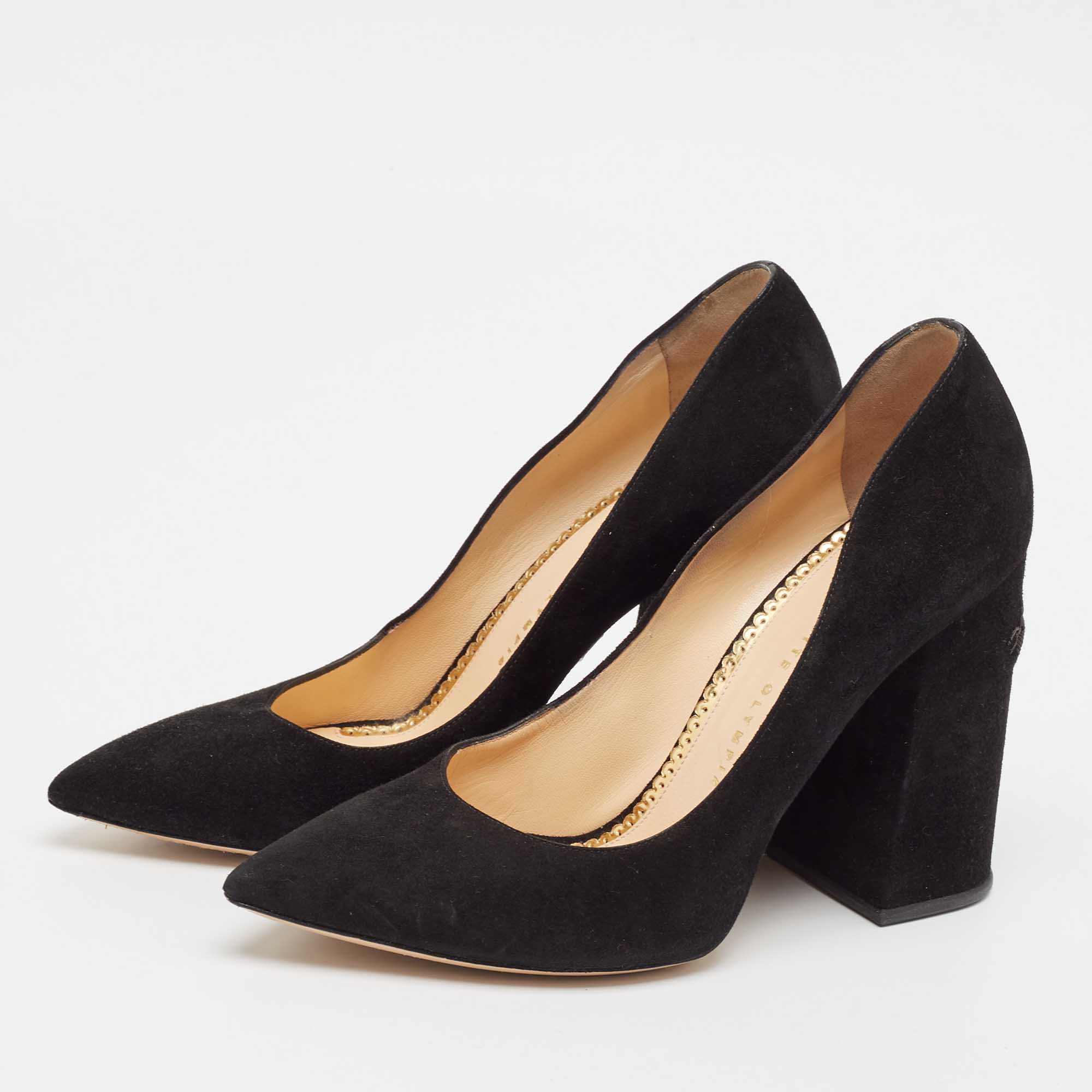 Charlotte Olympia Black Suede Block Heel Pumps Size 39 
