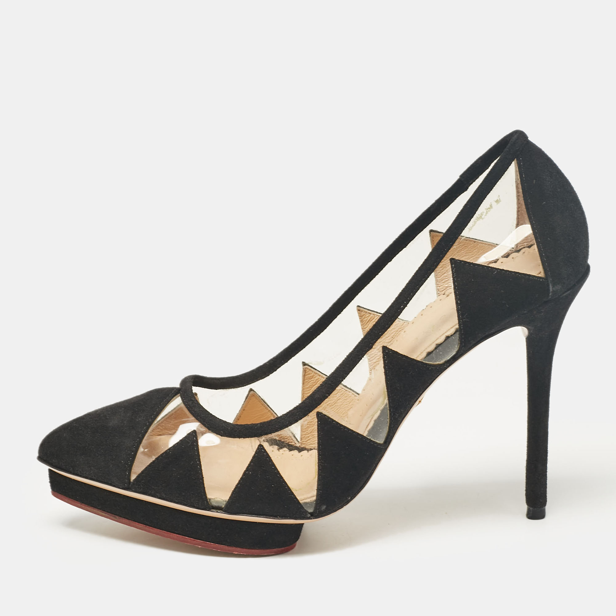 

Charlotte Olympia Black PVC and Suede Platform Pumps Size