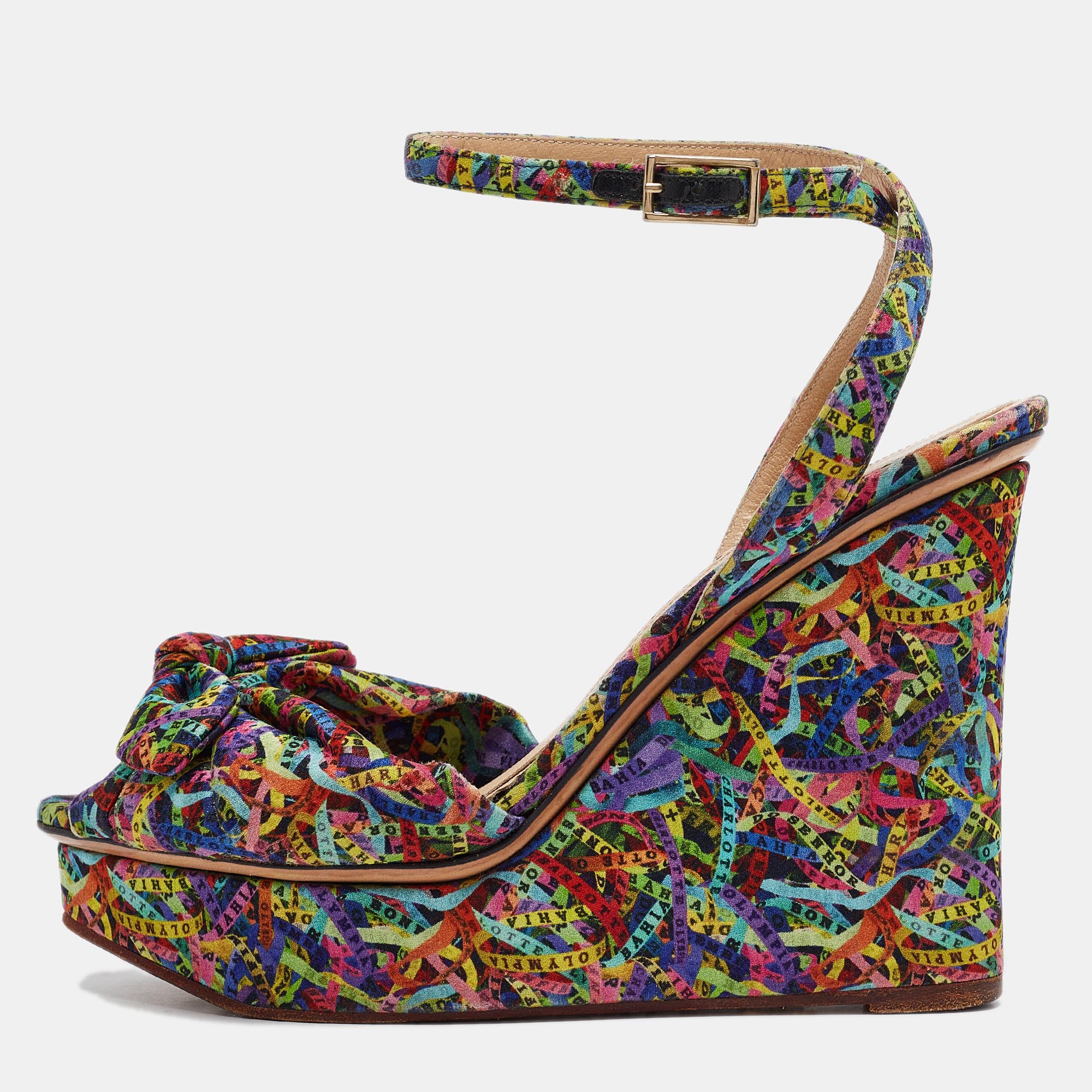 

Charlotte Olympia Multicolor Printed Fabric Knotted Bow Ankle Strap Wedge Sandals Size