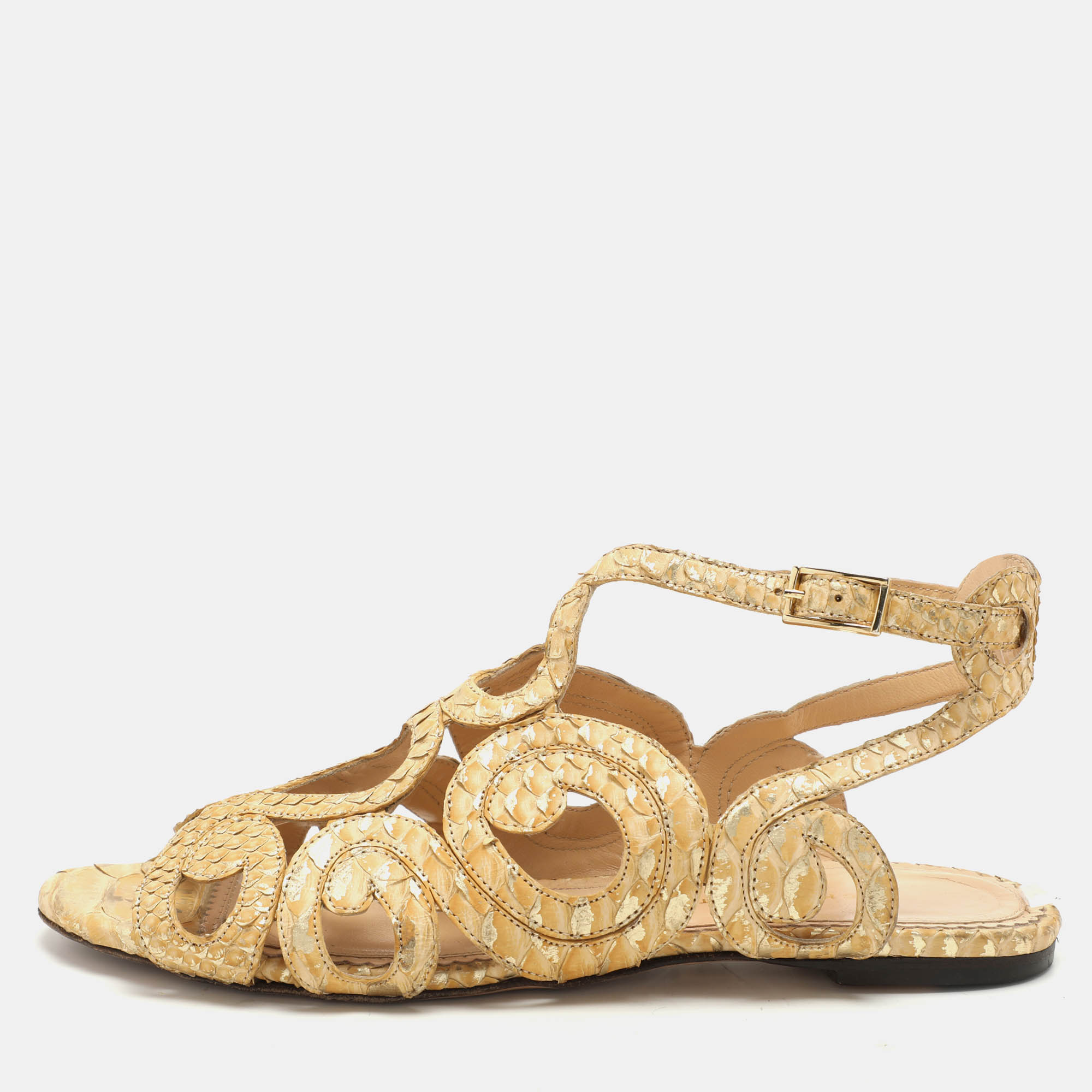 

Charlotte Olympia Yellow/Gold Python Cut Out Strappy Flat Sandals Size