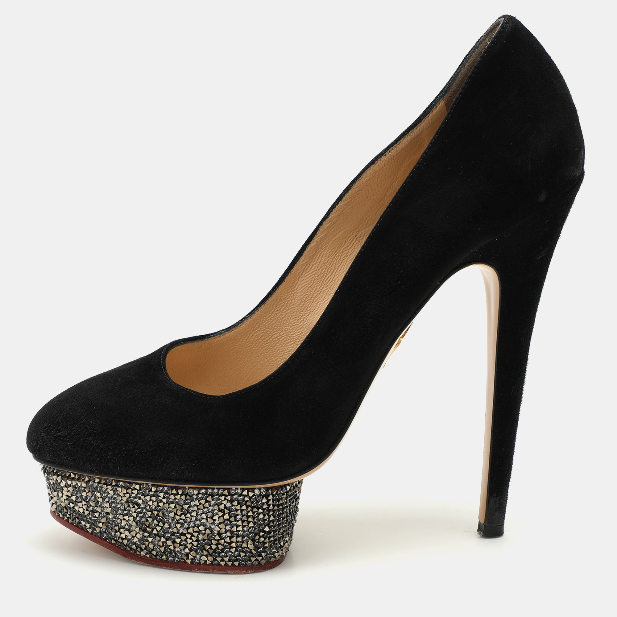 

Charlotte Olympia Black Suede Dolly Platform Pumps Size