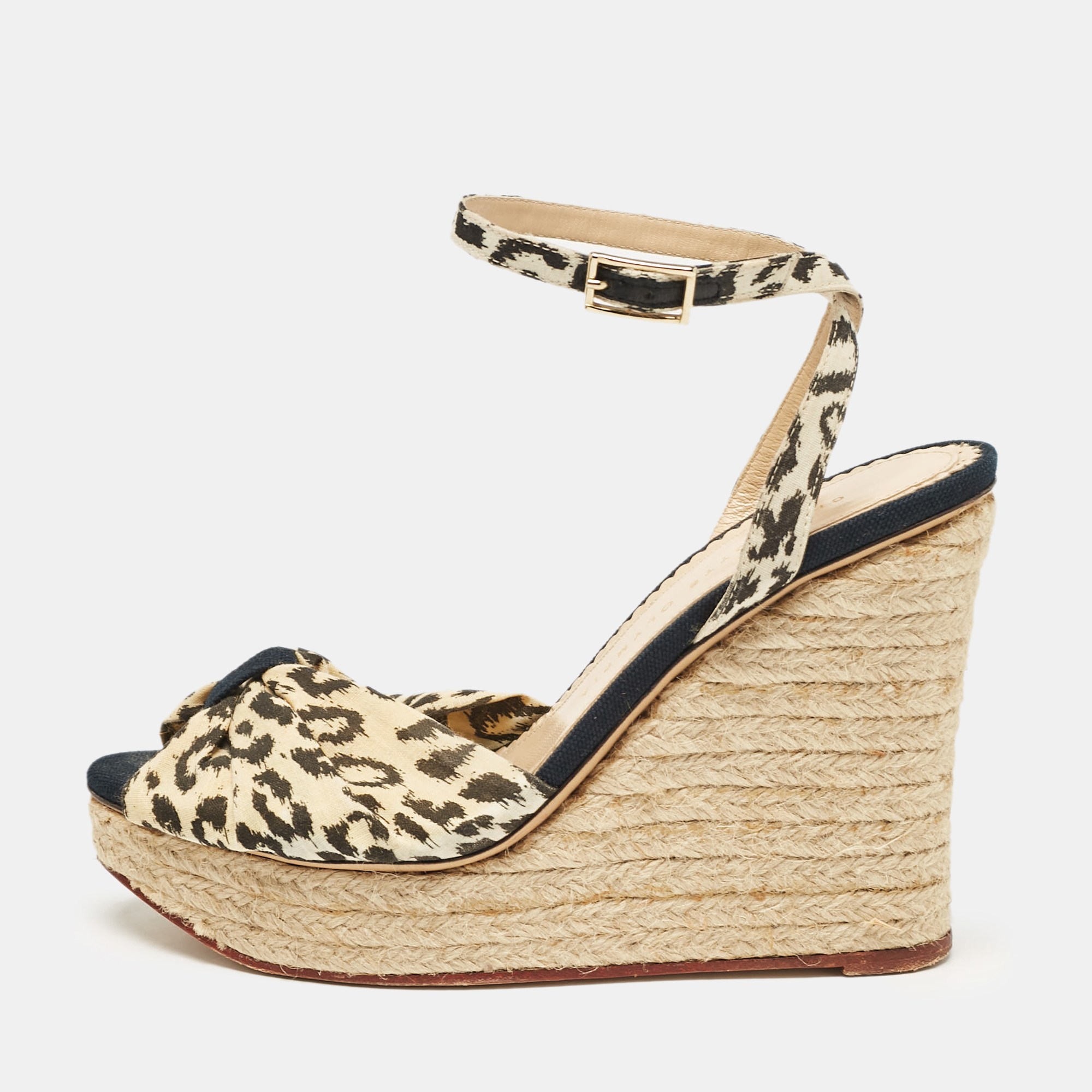 

Charlotte Olympia Beige/Black Fabric Wedge Espadrille Sandals Size, Cream