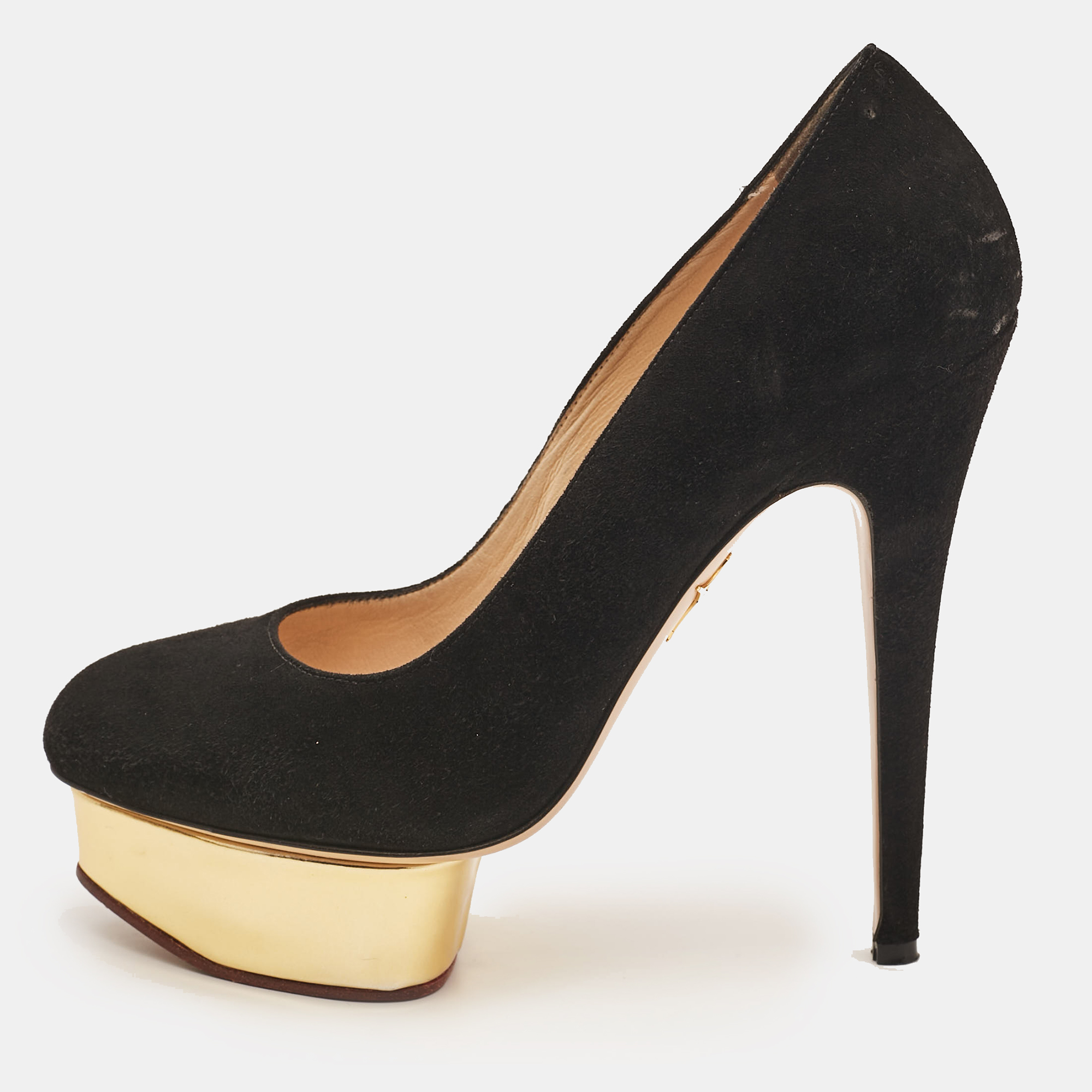 

Charlotte Olympia Black Suede Dolly Platform Pumps Size