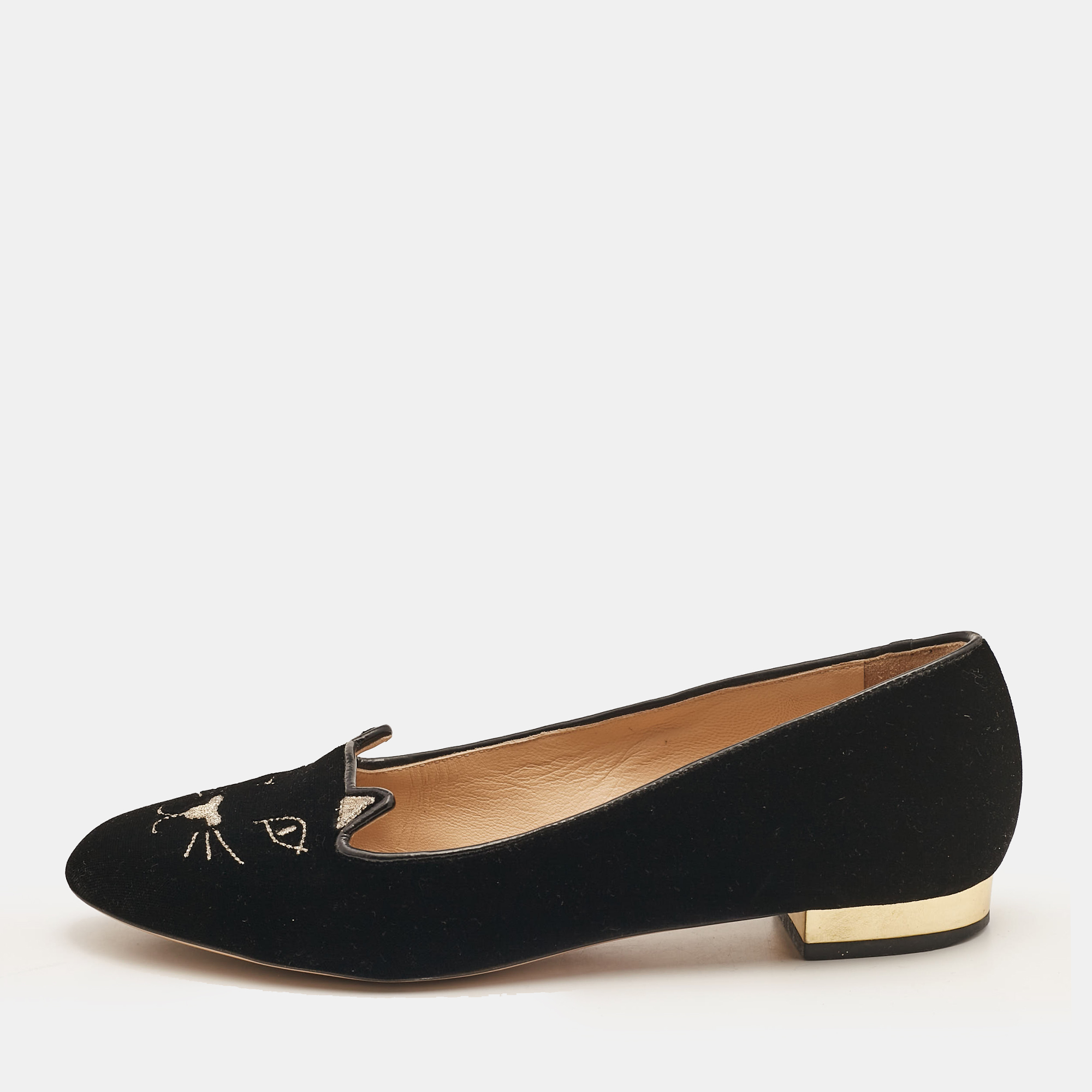 

Charlotte Olympia Black Velvet Embroidered Kitty Ballet Flats Size