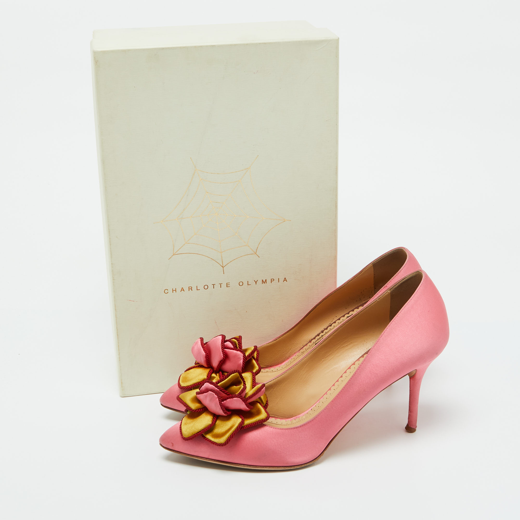 Charlotte Olympia Pink Satin Flower Detail Pointed Toe Pumps Size 39 
