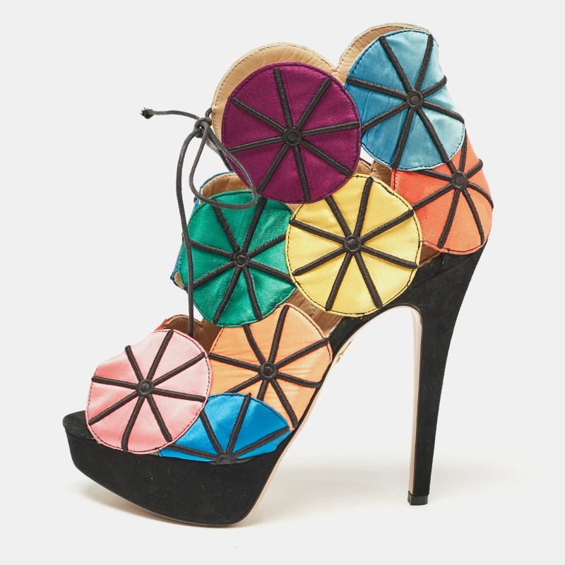 

Charlotte Olympia Multicolor Satin and Suede Parasol Platform Sandals Size