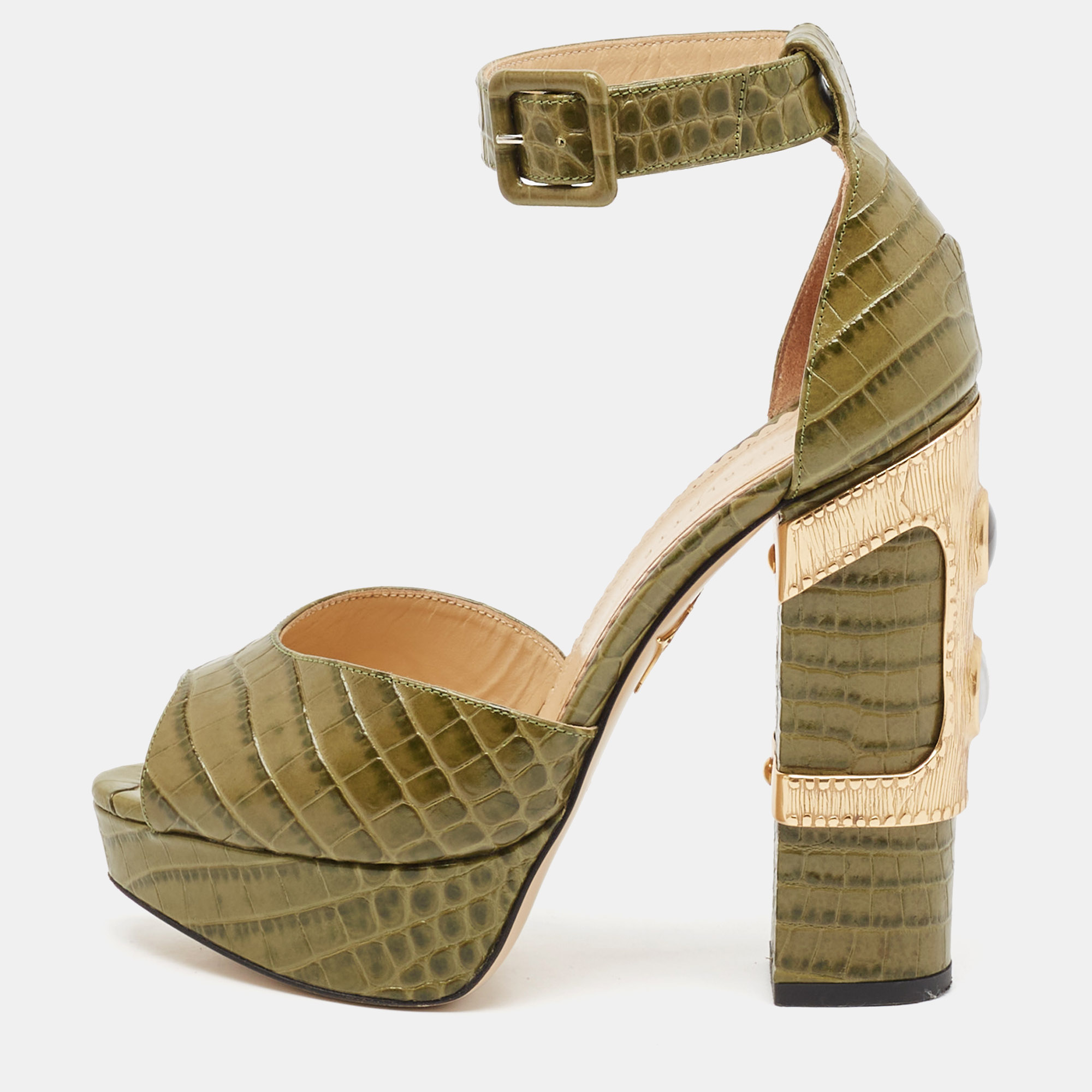 

Charlotte Olympia Green Croc Embossed Leather Eugenie Platform Sandals Size