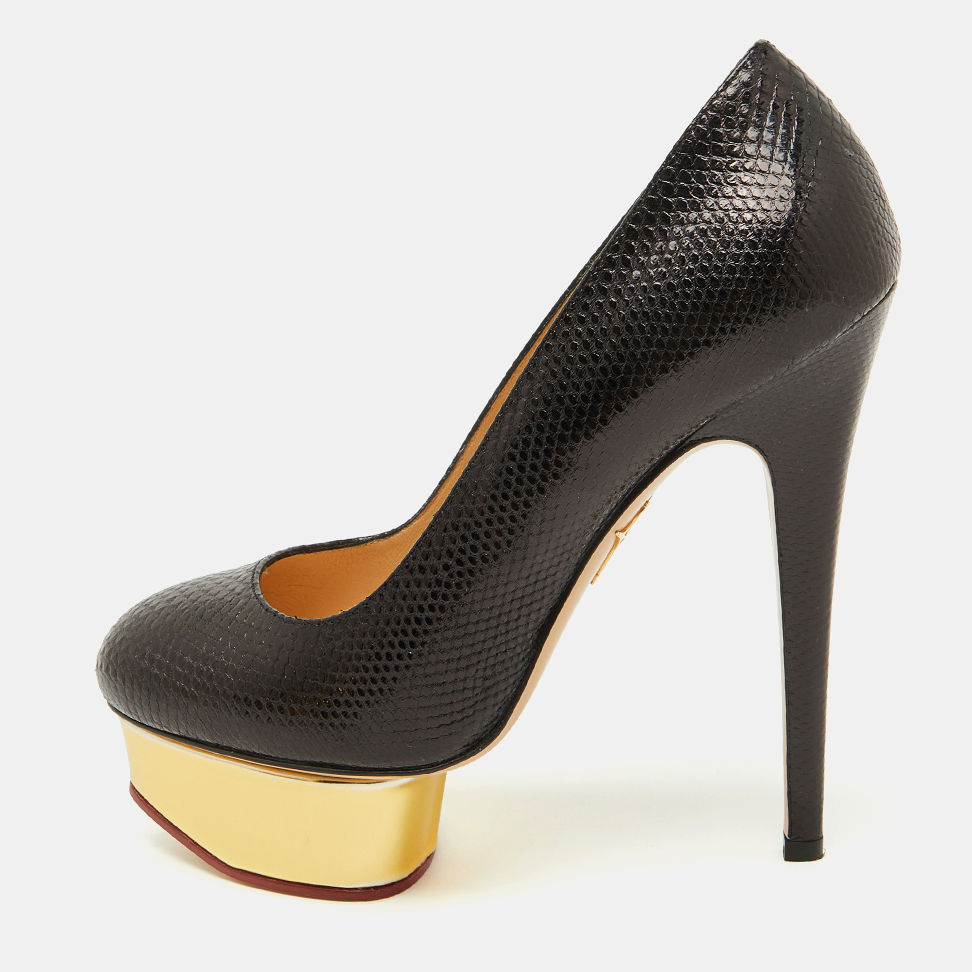 

Charlotte Olympia Black Karung Leather Dolly Platform Pumps Size