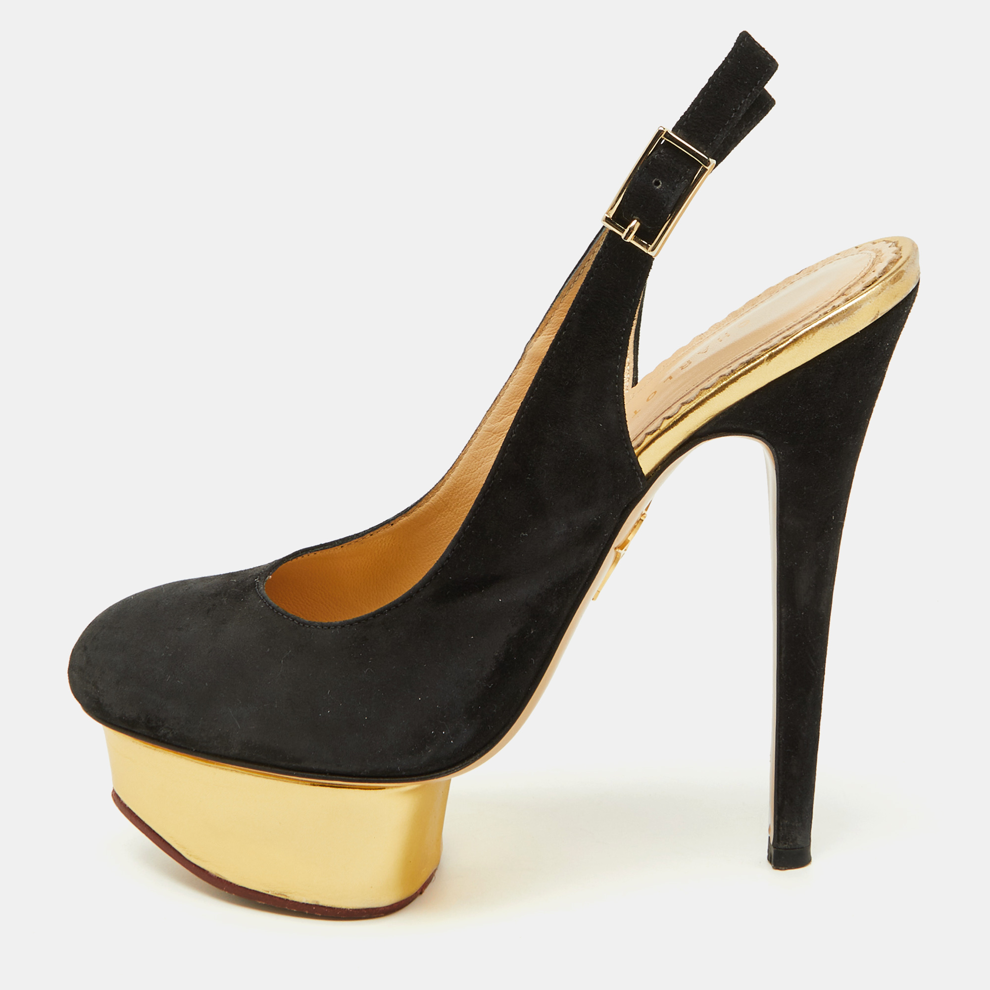 

Charlotte Olympia Black Suede Dolly Slingback Platform Pumps Size