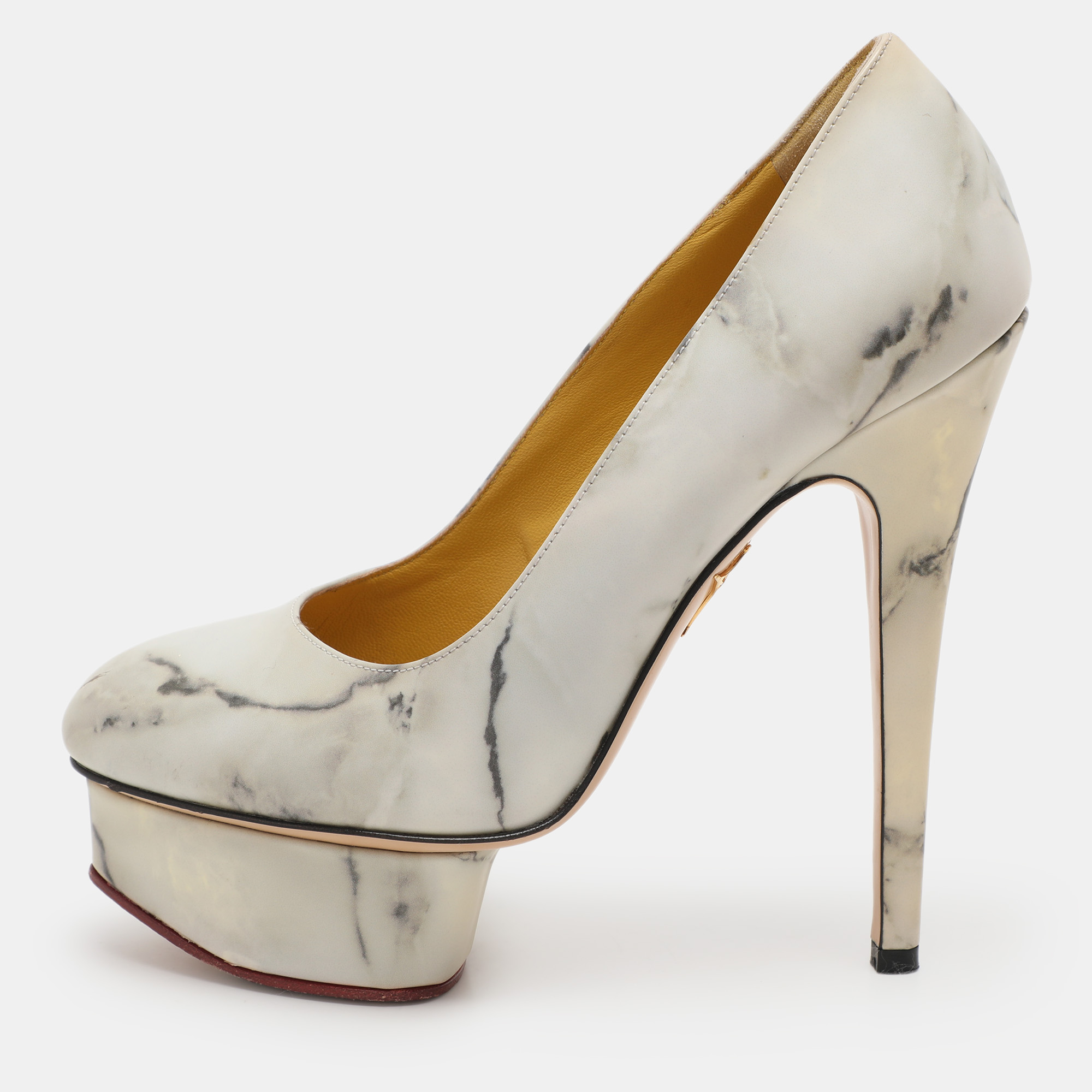 

Charlotte Olympia White/Grey Marble-Print Leather Dolly Pumps Size 36