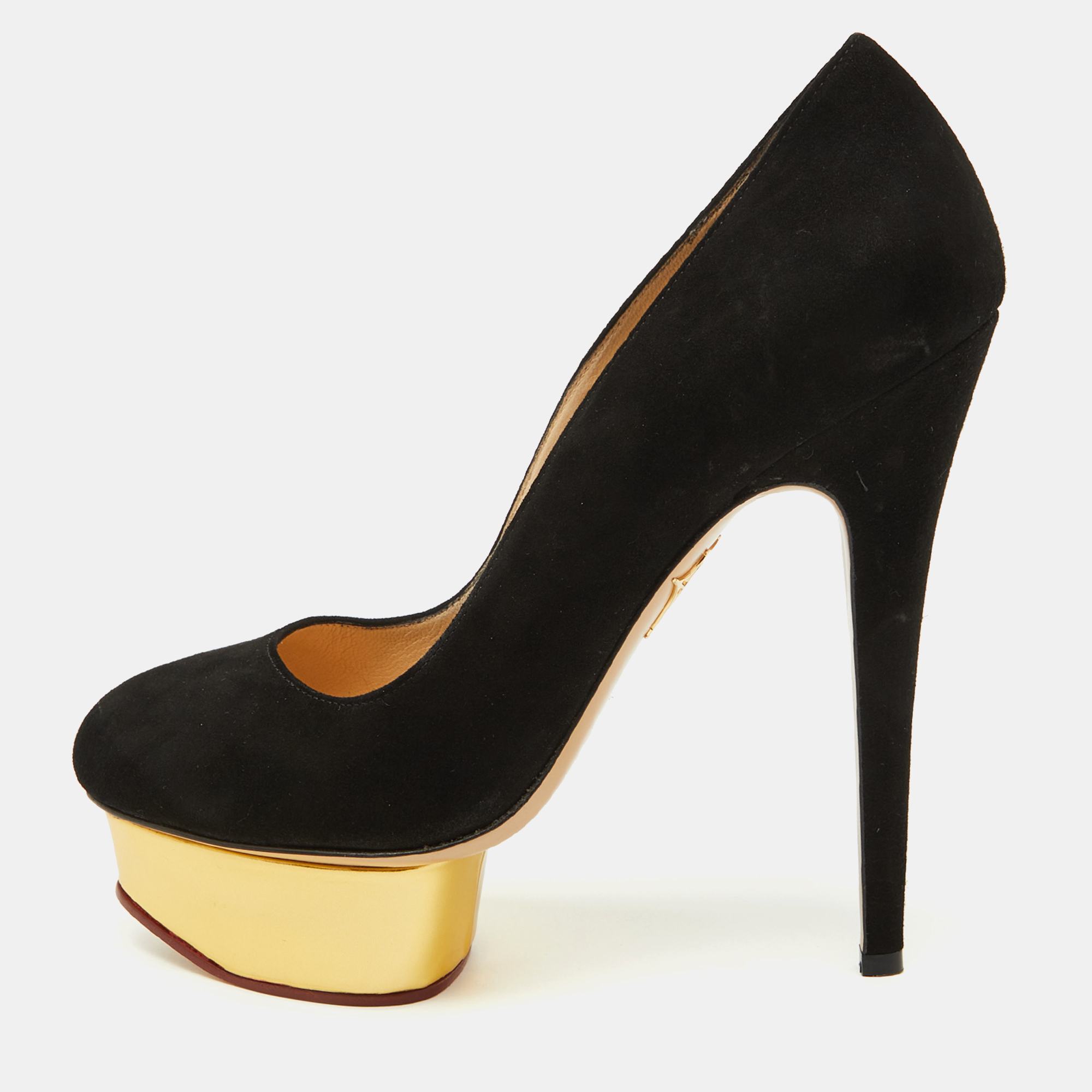 

Charlotte Olympia Black Suede Dolly Platform Pumps Size